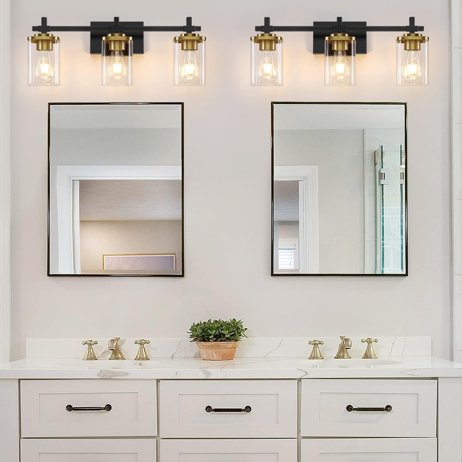 Spiglamm 3-Lights Black And Gold Bathroom Light Fixtures Over Mirror, Modern Brushed Gold Vanity Lights For Bathroom, Sconces Wa