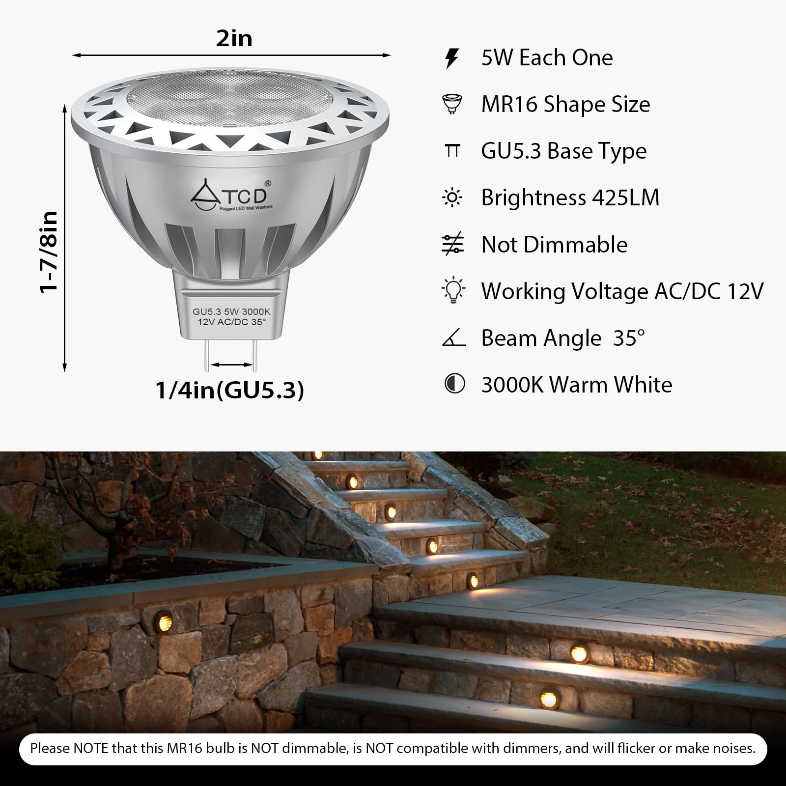 Mr16 Led Bulbs, 5W (35-Watt Equivalent) 3000K Warm White Light Bulb 425Lm Gu5.3 Bi-Pin Base, 12V Low Voltage Mr16 Bulb For Indoo