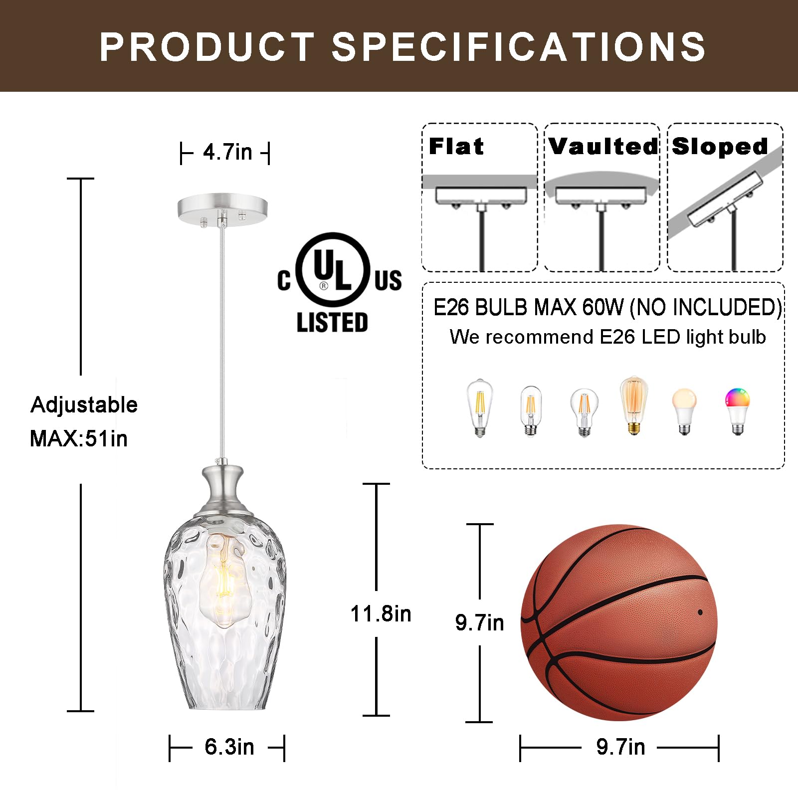 Saduenfr Glass Pendant Lights Kitchen Island 2 Pack, Brushed Nickel Pendant Light Fixtures With Hand-Blown Clear Glass, Modern H