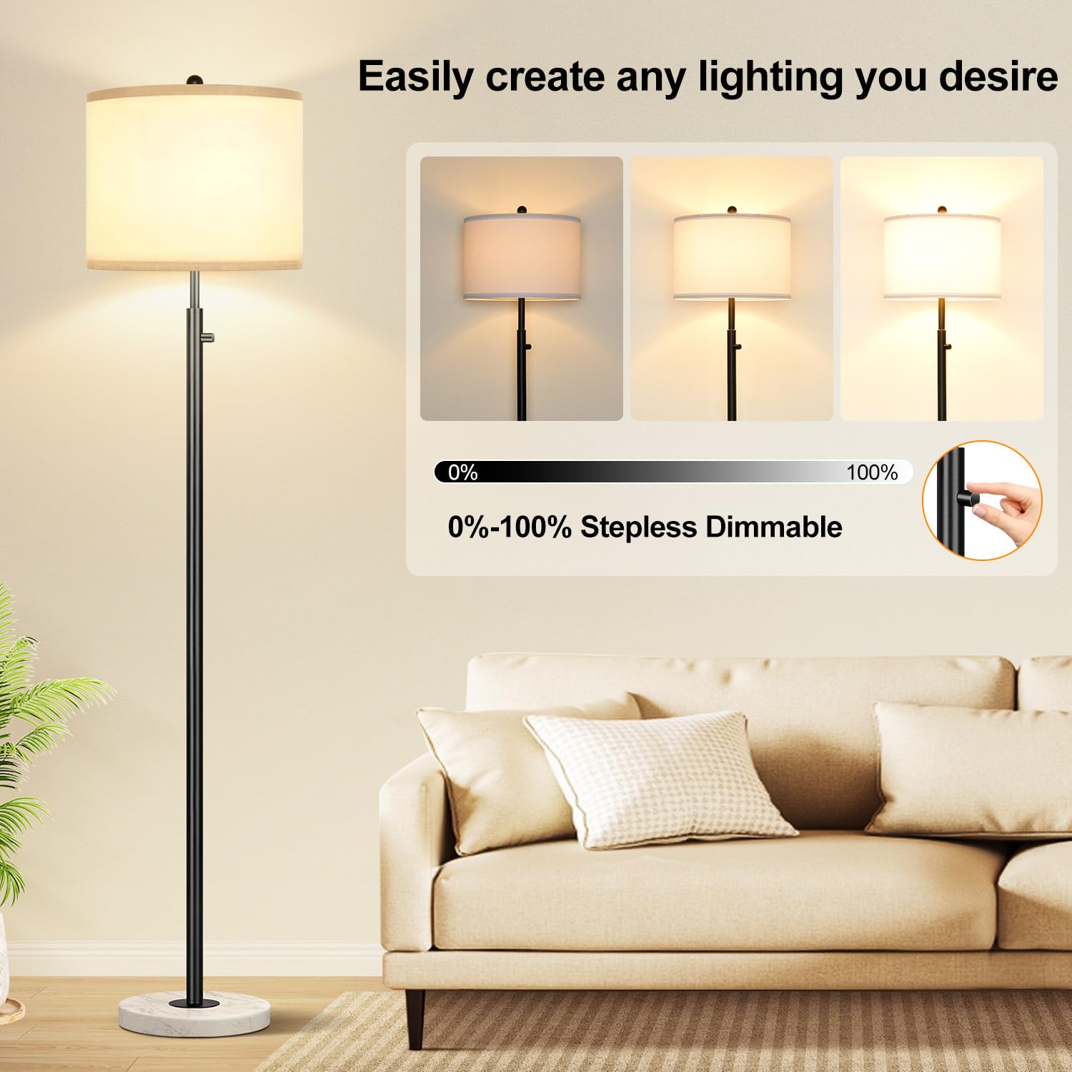 Nintiue Modern Dimmable Floor Lamp, 64.6" Tall, Matte Black with Marble Base, LED Bulb Included, Perfect for Living Room, Bedroom, Office