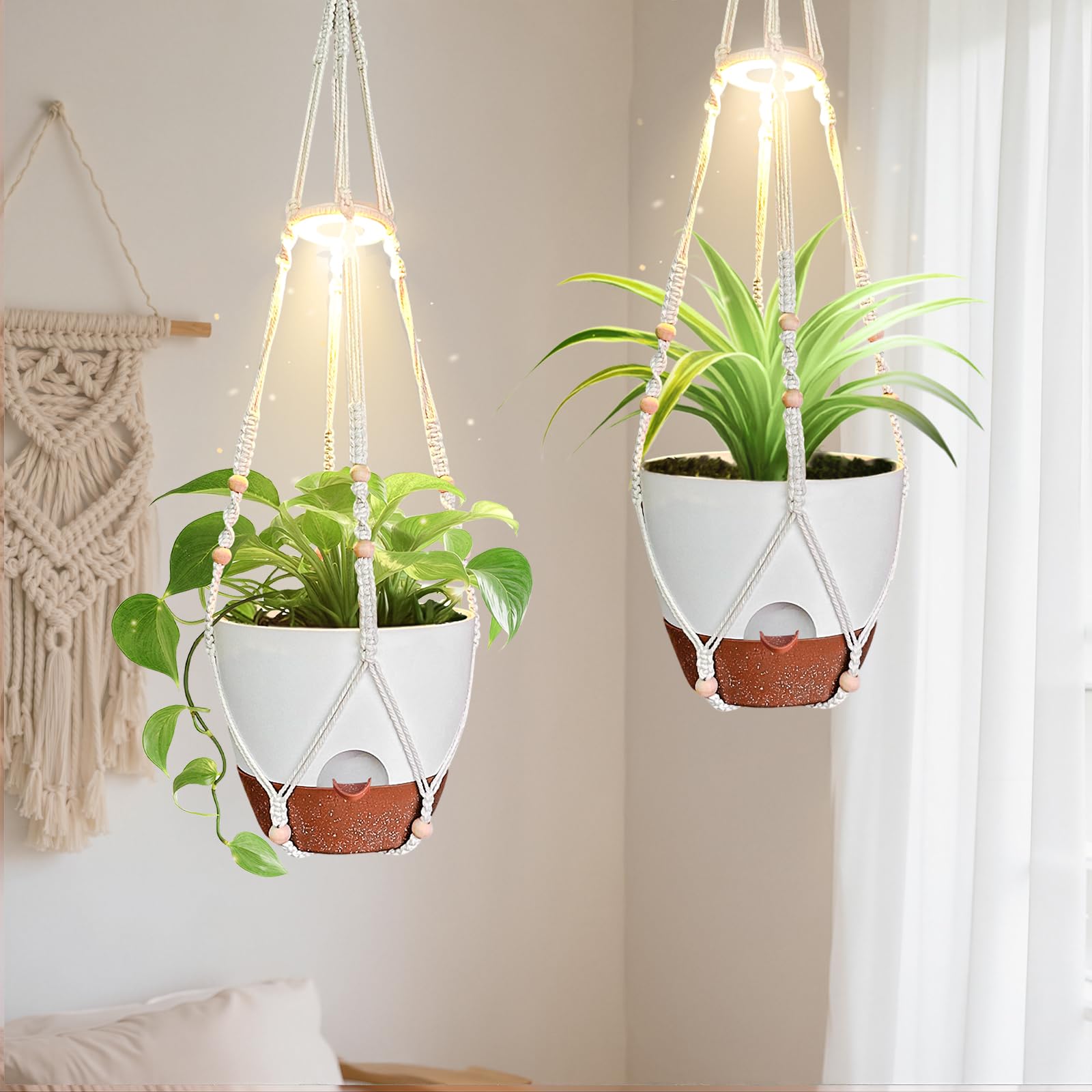 MSFON Hanging Planters for Indoor Plants: 2 Pack Macrame Plant Hangers with Grow Lights and Self-Watering Pots, 10 Inch Large Ha