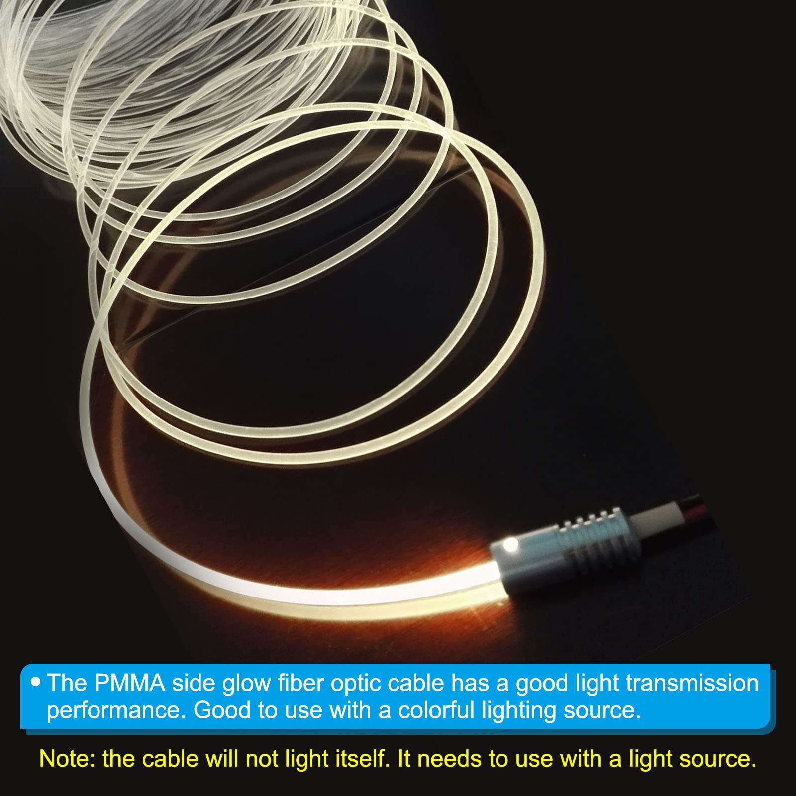 PATIKIL PMMA Side Glow Fiber Optic Cable Kit with LED Illuminator, 1m, Warm White, Metal