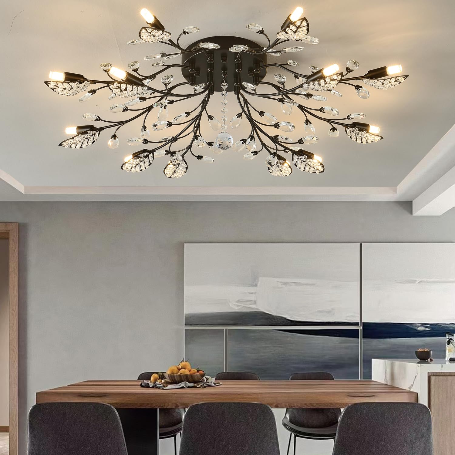 Modern Crystal Ceiling Light Fixture,Semi Flush Mount Chandeliers,Crystal Leaf Ceiling Light, Chandeliers For Dining Room,Living