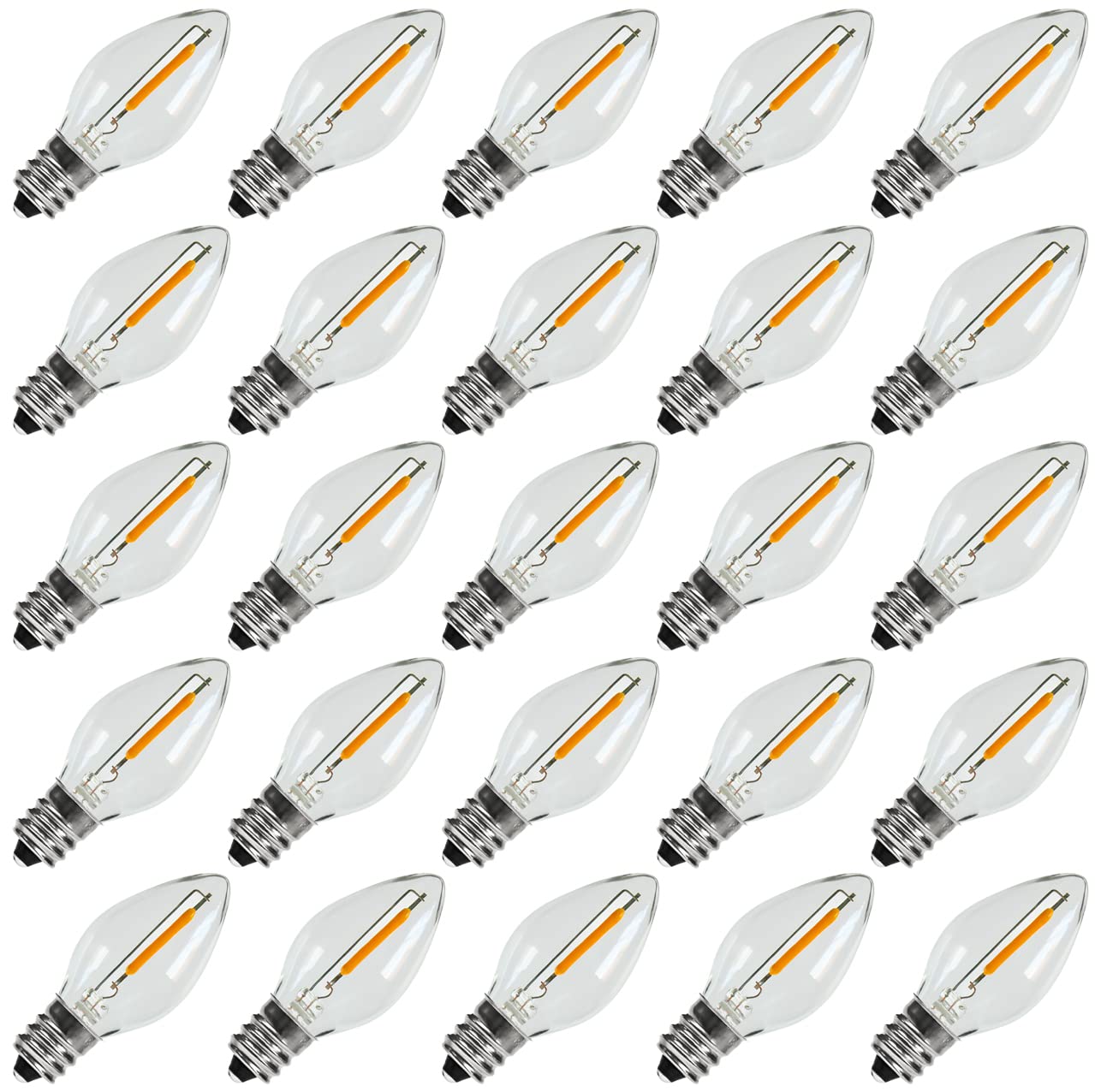 KGC 25Pack C7 LED Christmas Light Bulb, E12 Base Waterproof LED Bulbs for String Light, 0.6W 2200K Warm White 50LM, Clear Plastic Night Lights C7 LED Replacement Bulbs for Christmas String Lights.