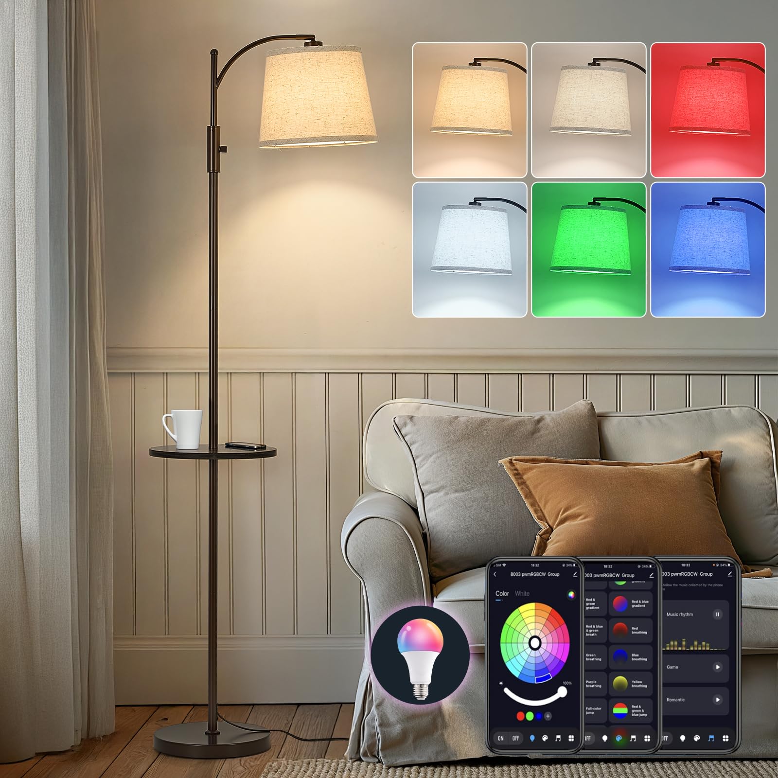 AIDENOEY Smart Floor Lamp with Side Table, RGB Multi-Color, Voice Control, Adjustable Head, Brown, Model HYZC0205
