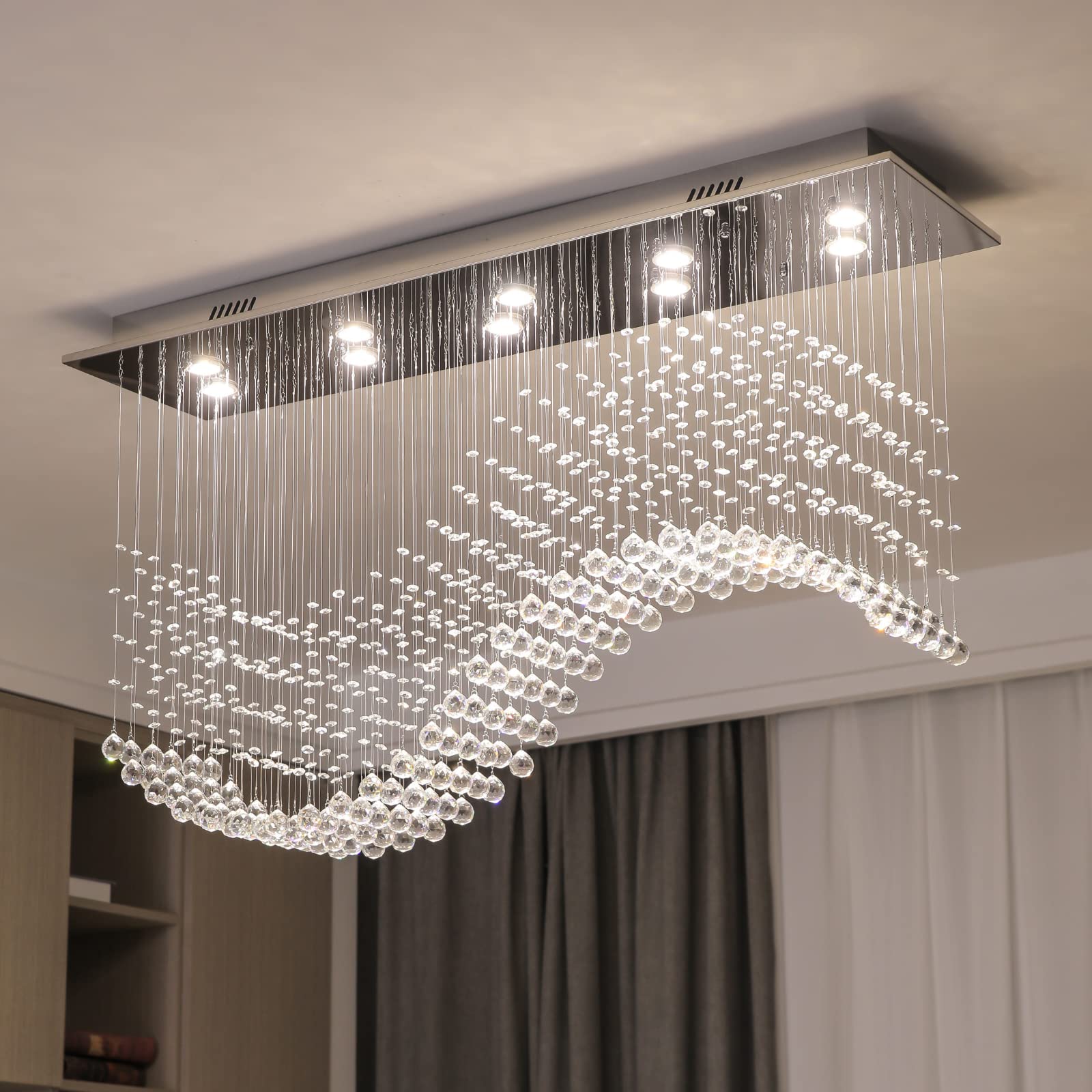 Siljoy Modern Crystal Chandelier, 10-Light Luxury Large Rectangle Wave Raindrop Chandelier, Rectangular Flush Mount Crystal Ceil