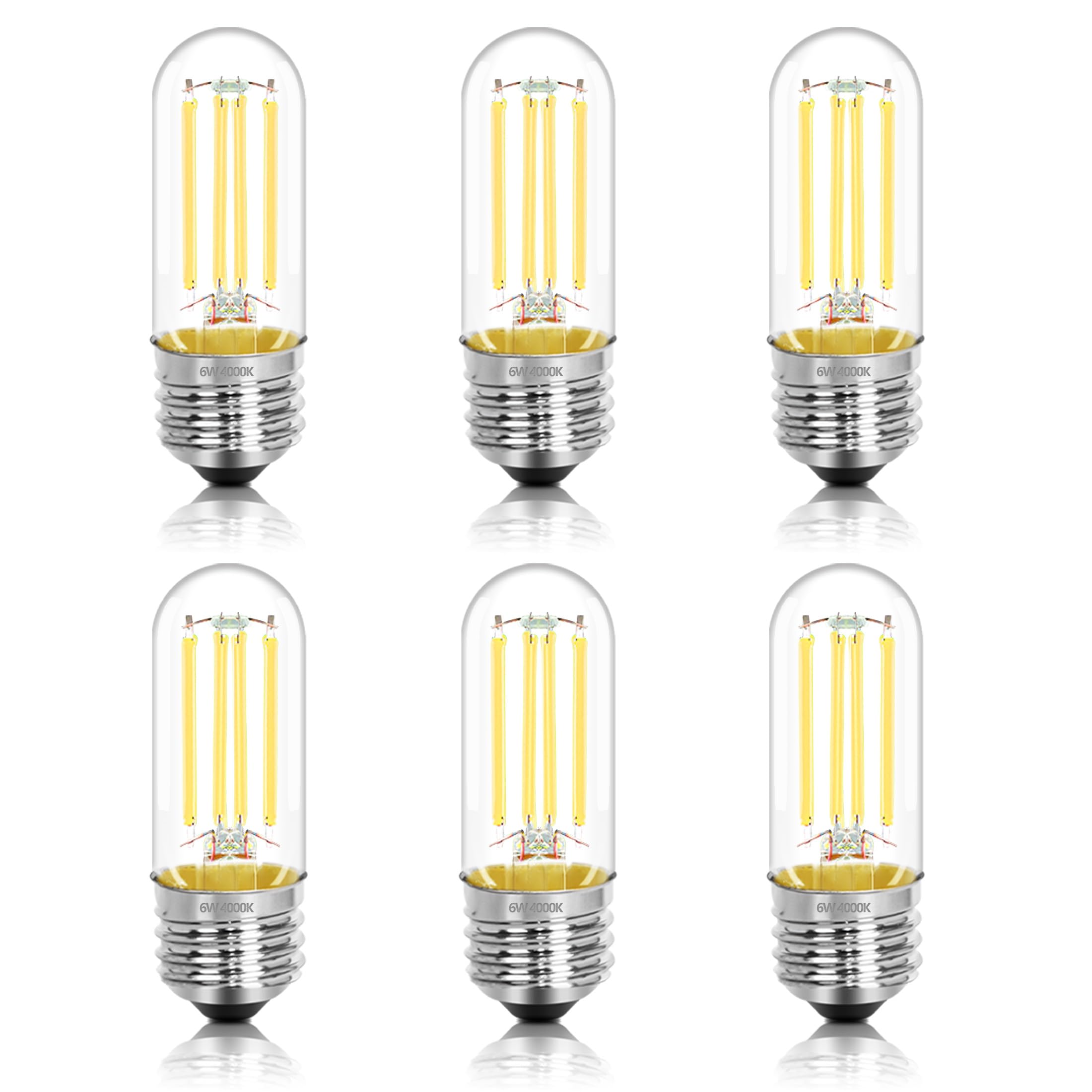 NOVELUX E26 LED Bulb 6W T10 Dimmable 4000K Neutral White Clear Glass 3 Inch 6 Pack