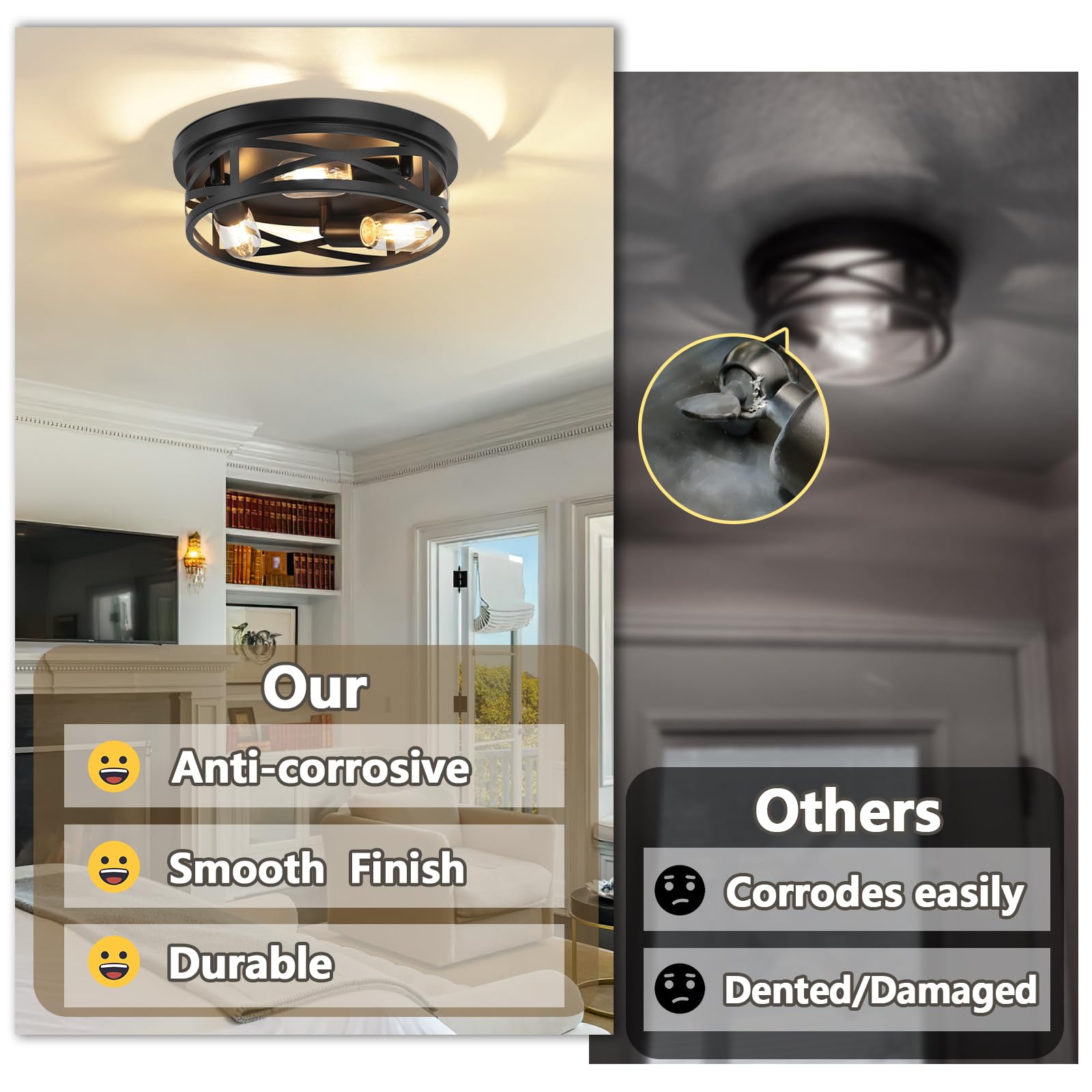 13-Inch Farmhouse Ceiling Light Fixture, 3-Light Flush Mount Light Fixture, Kitchen Lighting Fixtures Ceiling With Adjustable He