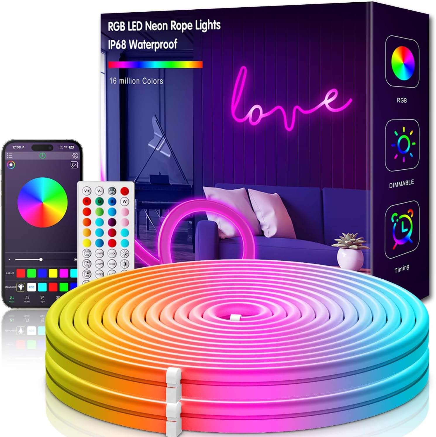 L8Star Neon Strip Lights, 32.8Ft/10M Led Neon Rope Lights With Remote App Control Ip65 Waterproof Flexible Neon Led Strip Lights