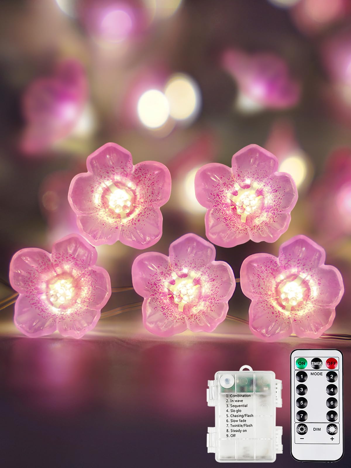 Cherry Blossom Flower String Lights For Bedroom, Pink Fairy Lights Battery Operated With Remote & 8 Modes & Timer, 10Ft 30 Led W