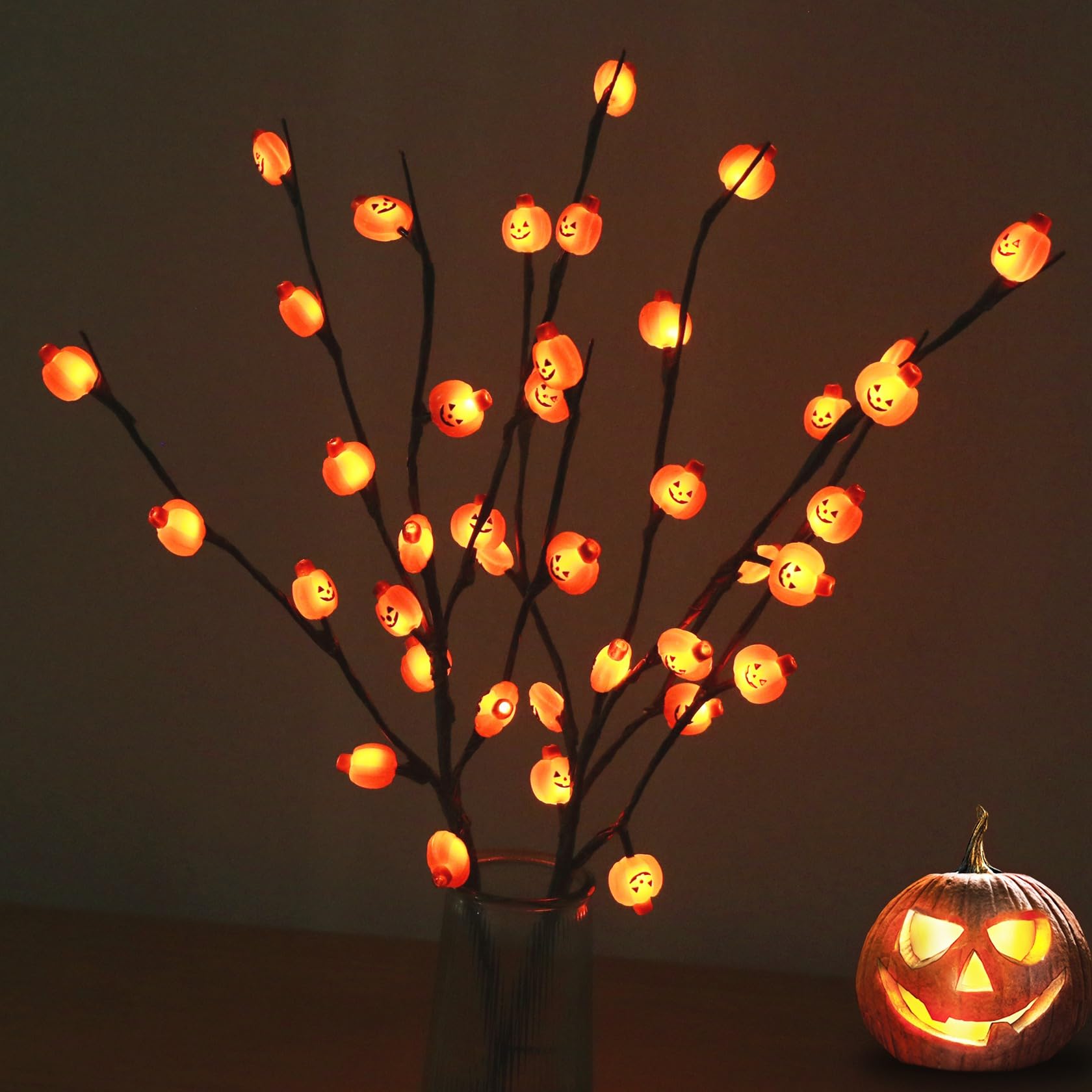 Halloween Lighted Tree Branches Decoration, Indoor Outdoor 2PCS Artificial Lit Twig Branch with Pumpkins Orange Fairy Lights, Ba