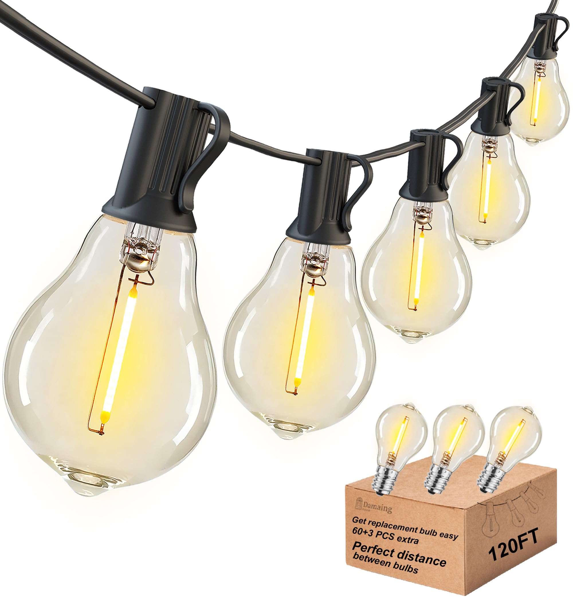 DAMAING Outdoor String Lights 120FT Waterproof Patio Lights with 63 Shatterproof Dimmable A39 LED Bulbs, Connectable Outdoor Lig