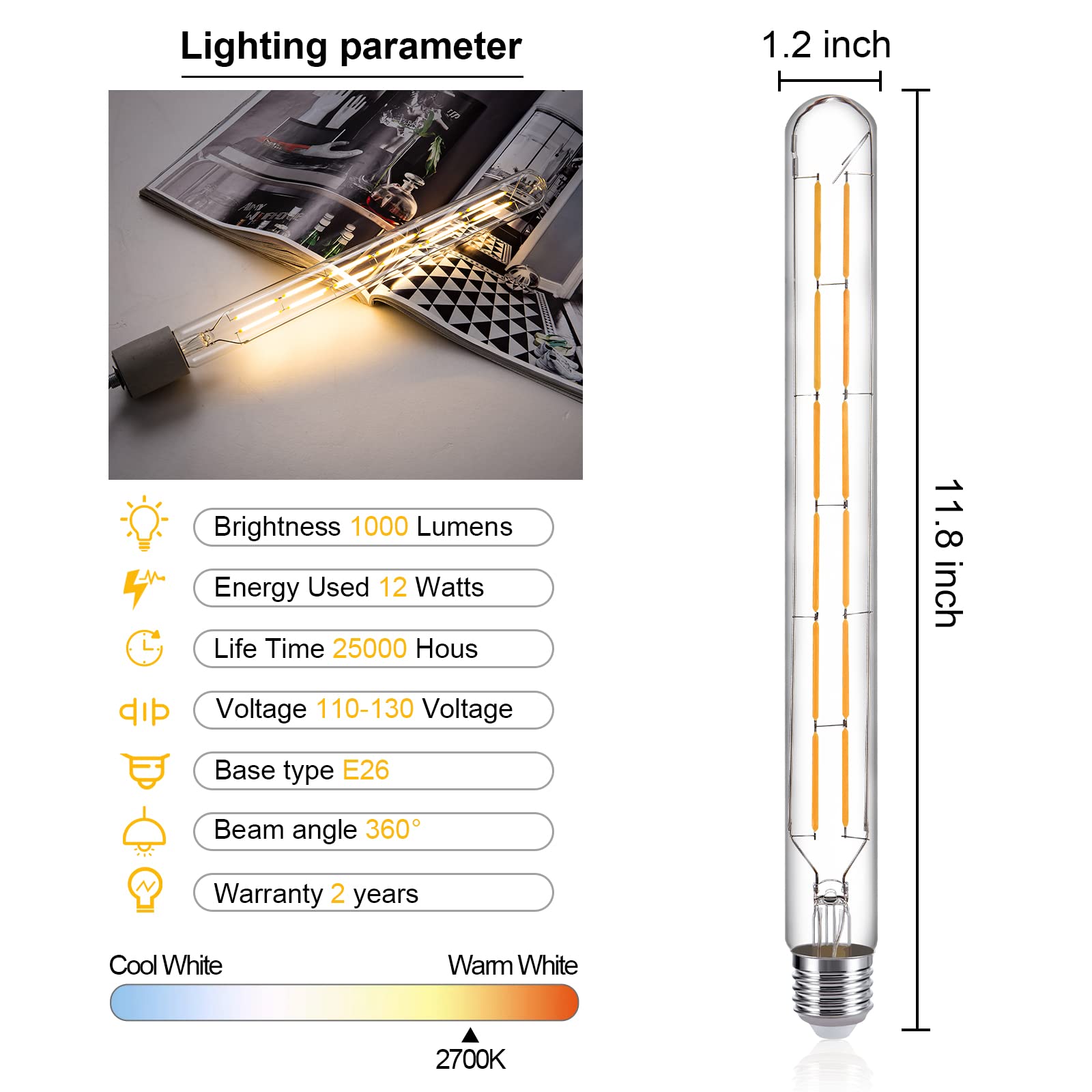Tianshq Led Tube Bulbs,T10 Tubular Edison Style Led Filament Bulb, 12W Dimmable Antique Led Bulb,E26 Base,Clear Glass,Warm White