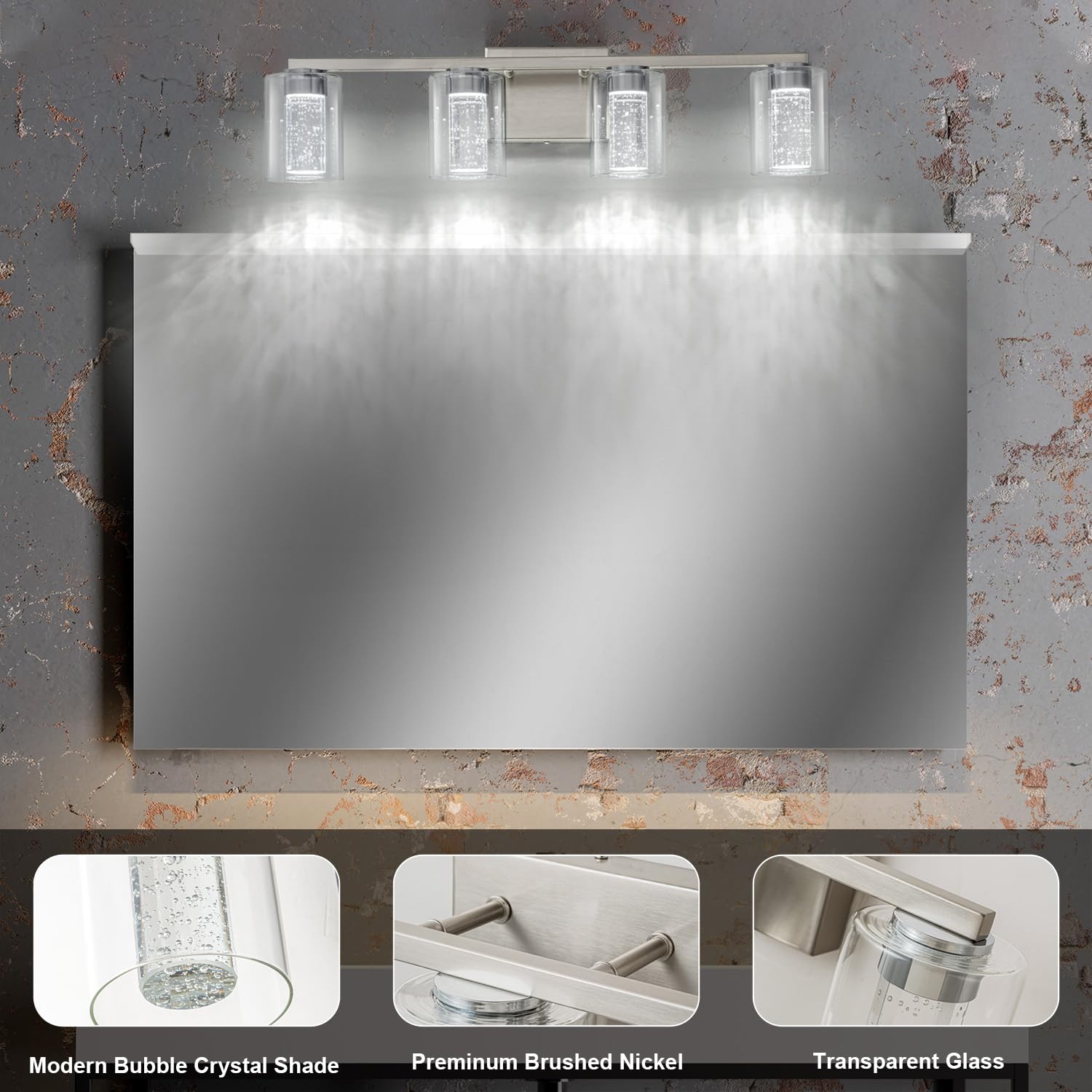 SineRise 4-Light Brushed Nickel Vanity Light, Dimmable LED Fixture with 3 Color Modes, Eye Protection Glass Shade, Model 34871d04