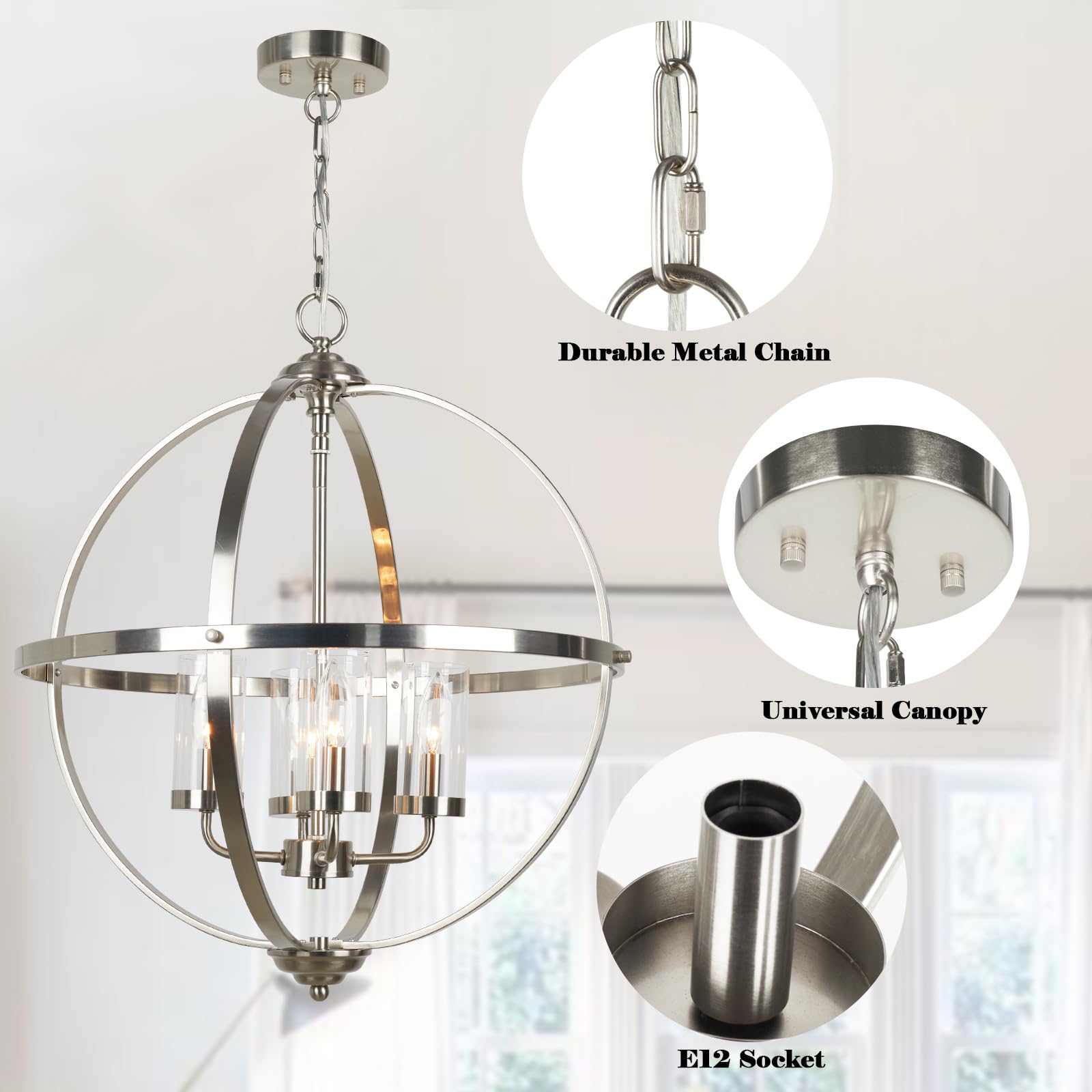 Treekee 20'' 4-Light Globe Chandelier, Brushed Nickel Modern Pendant Light for Dining Room, Entryway, Living Room