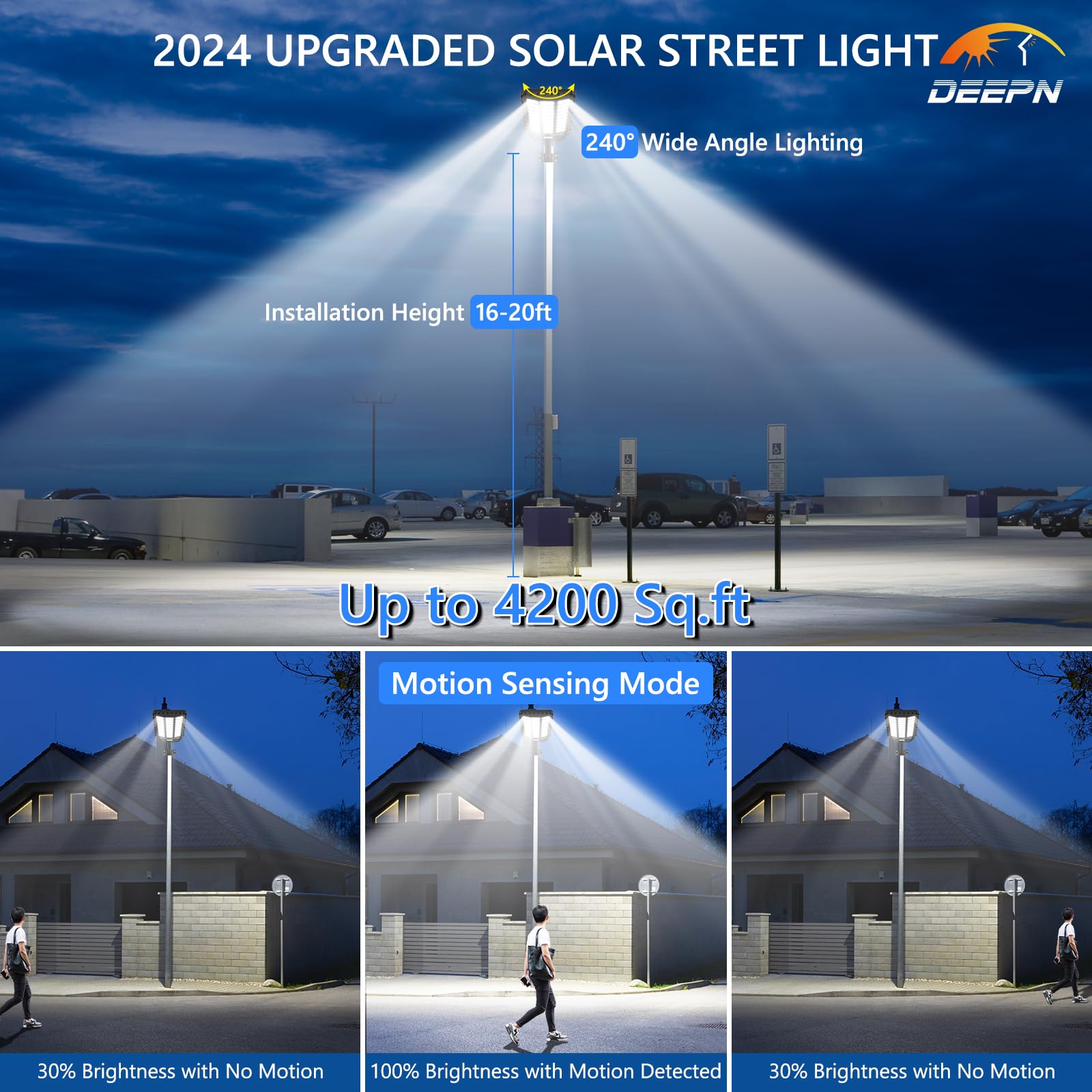 Deepn Solar Street Lights, 6000W Waterproof Dusk to Dawn Lighting, 6500K, 2 Pack, White, Model STW3002