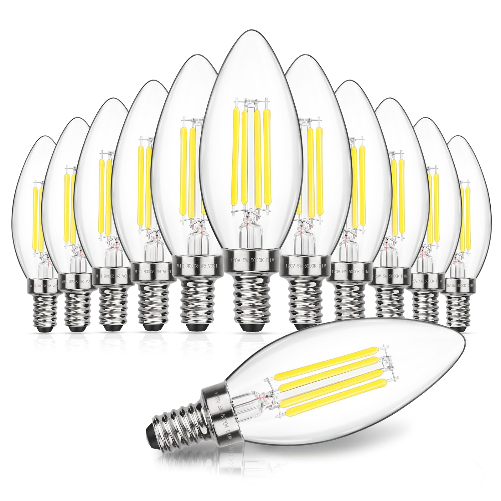 MAXvolador Dimmable E12 LED Candelabra Bulbs 60W Equivalent, 5000K Daylight White, 600LM, B11, 12 Pack