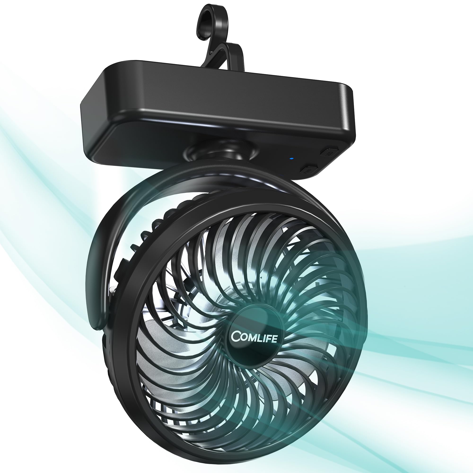 COMLIFE Camping Fan with LED Lantern, Rechargeable, 35H Run Time, 3 Speeds, 5.5 inch, Black, Model F120