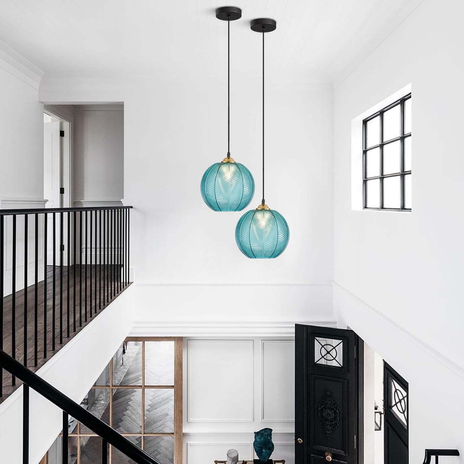 KCO Blue Glass Pendant Light - Mid Century Modern Design, Large Globe, Adjustable Cord, Model L1146-B