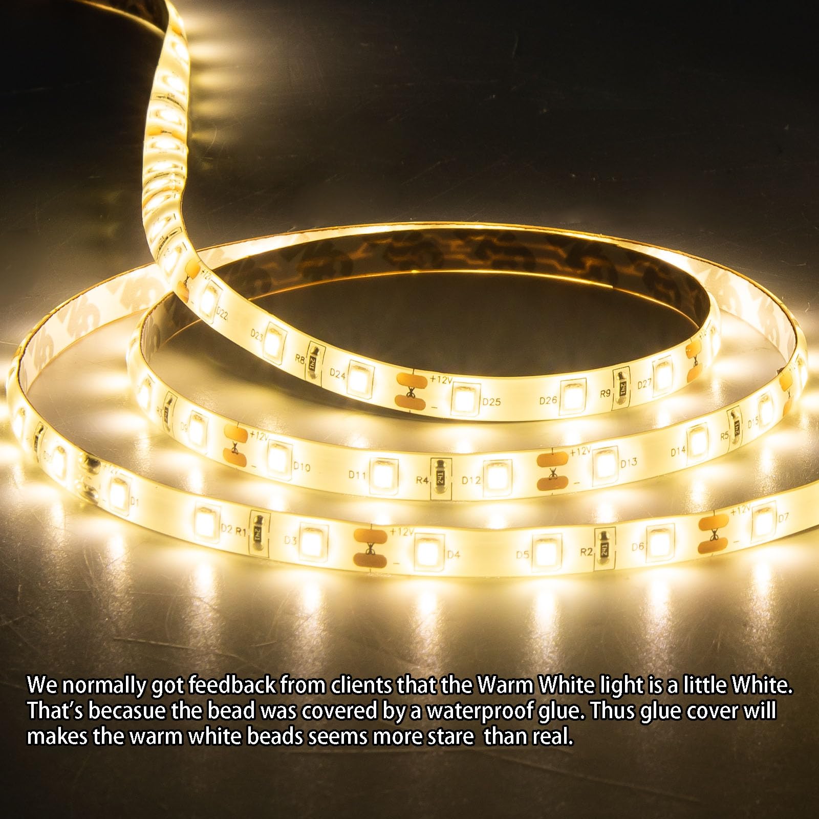 JUNWEN LED Strip Lights 50ft Warm White Waterproof Flexible Dimmable Indoor Lighting for Bathroom, Fish Tank, Bedroom, Kitchen