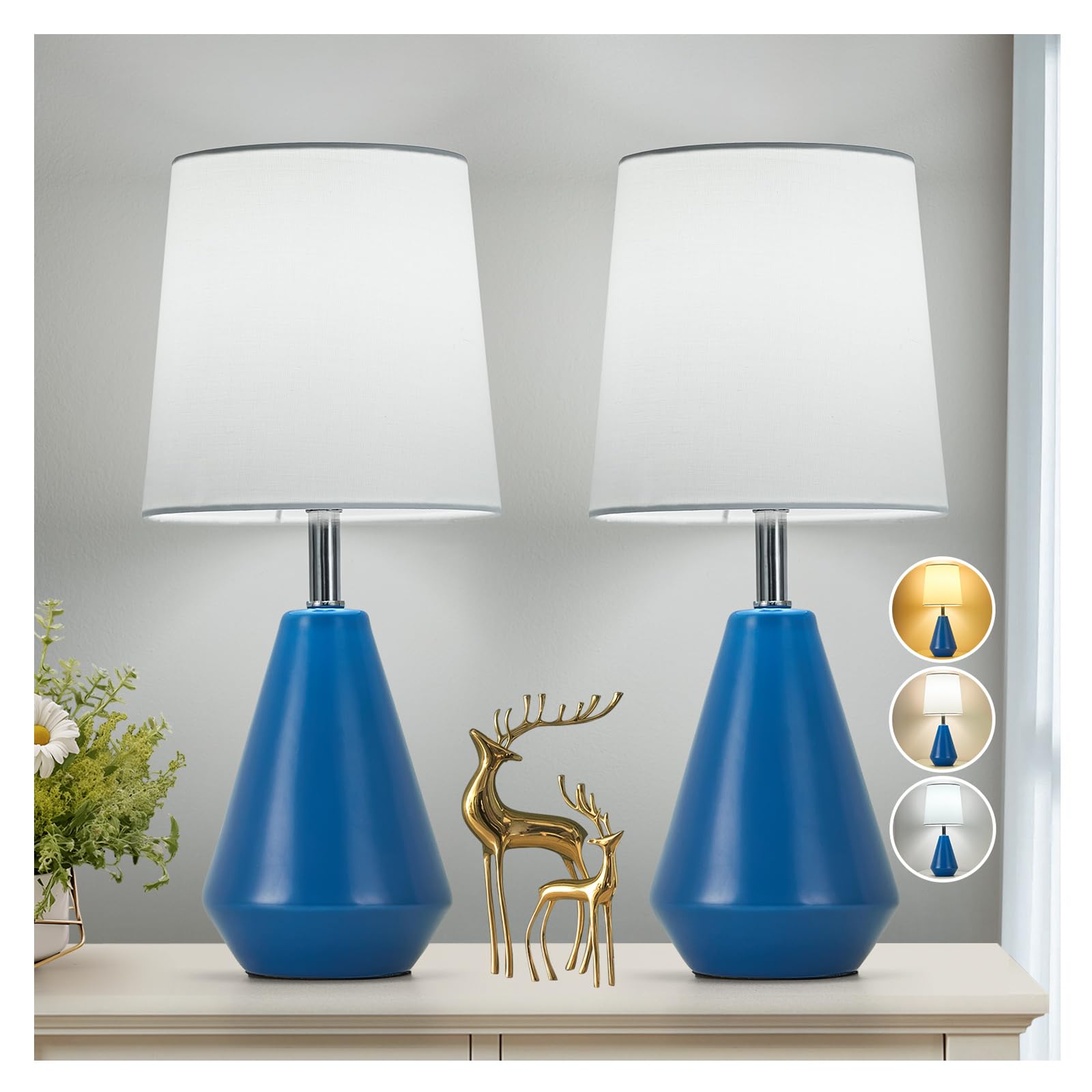 Small Bedside Table Lamp for Bedroom-Reading Desk Lamp Set of 2 with 3 Color Temperatures 15.5 Nightstand Ceramic Lamp with Fabric Shade for Kids Room Living Room Dorm Home Office(Blue+White)