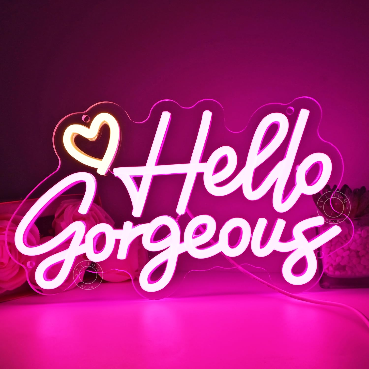 SYLHOME LED Neon Light Sign - Hello Gorgeous - Acrylic Decor - 11.8in X 6.8in - Warm White and Pink - Bedroom/Salon/Wedding Decoration