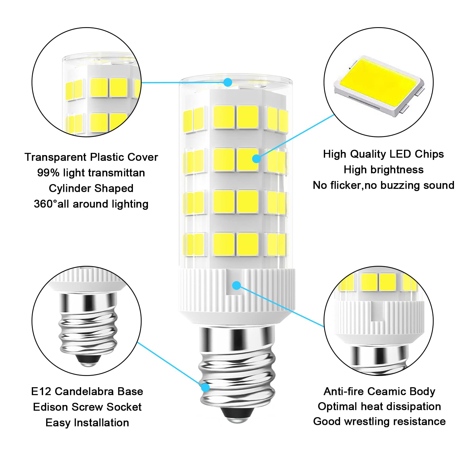 Lacnooe E12 Led Light Bulbs 5W Equivalent To E12 Candelabra Bulb 40 Watt Type B T6 120V Small Bright C7 Led Bulb, Daylight White