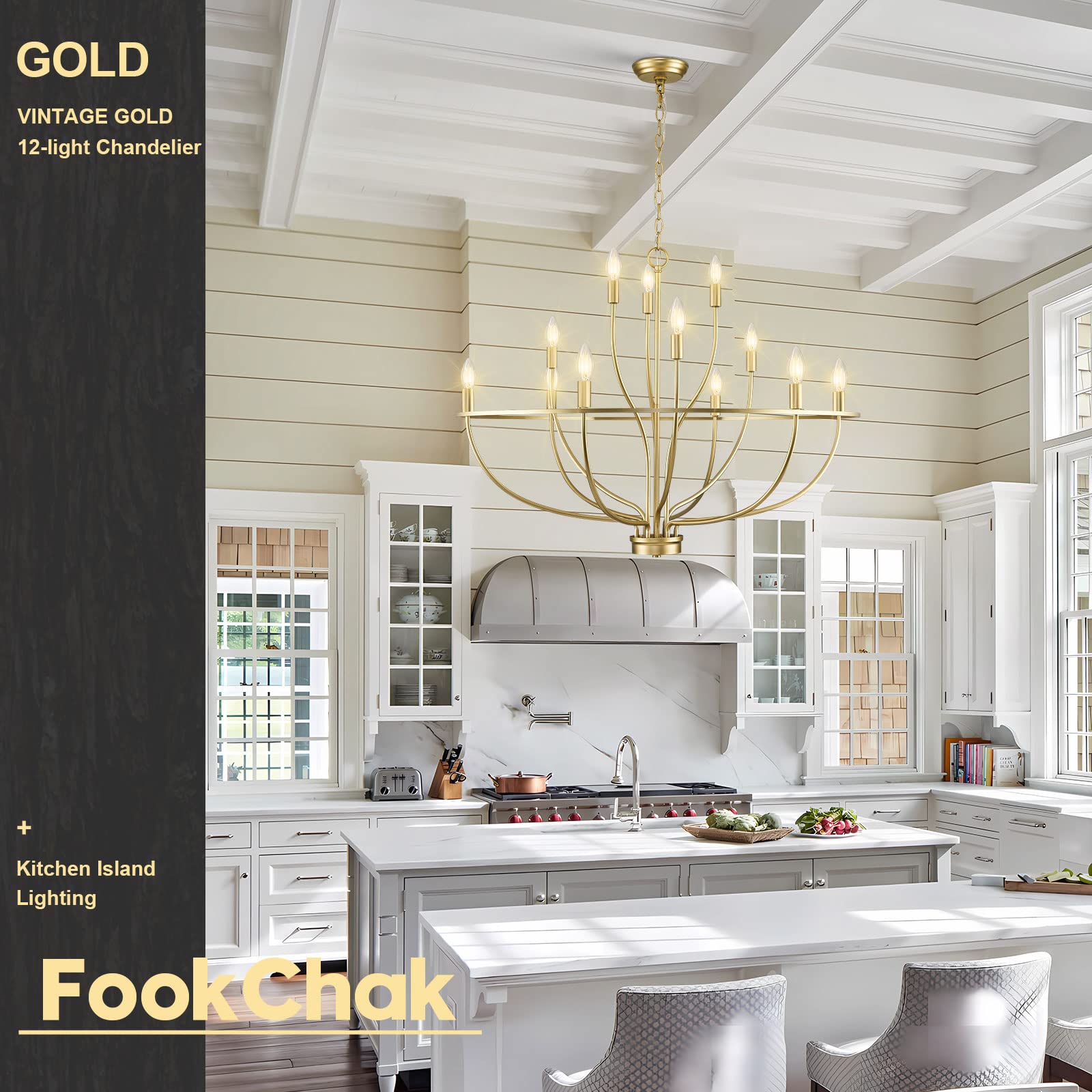 Fookchak Large Gold Chandelier, 12 Light Foyer Chandelier High Ceiling 36Inch Modern Brass Living Room Light Fixture Metal Candle Chandelier For Kitchen Entryway Living Room Bedroom