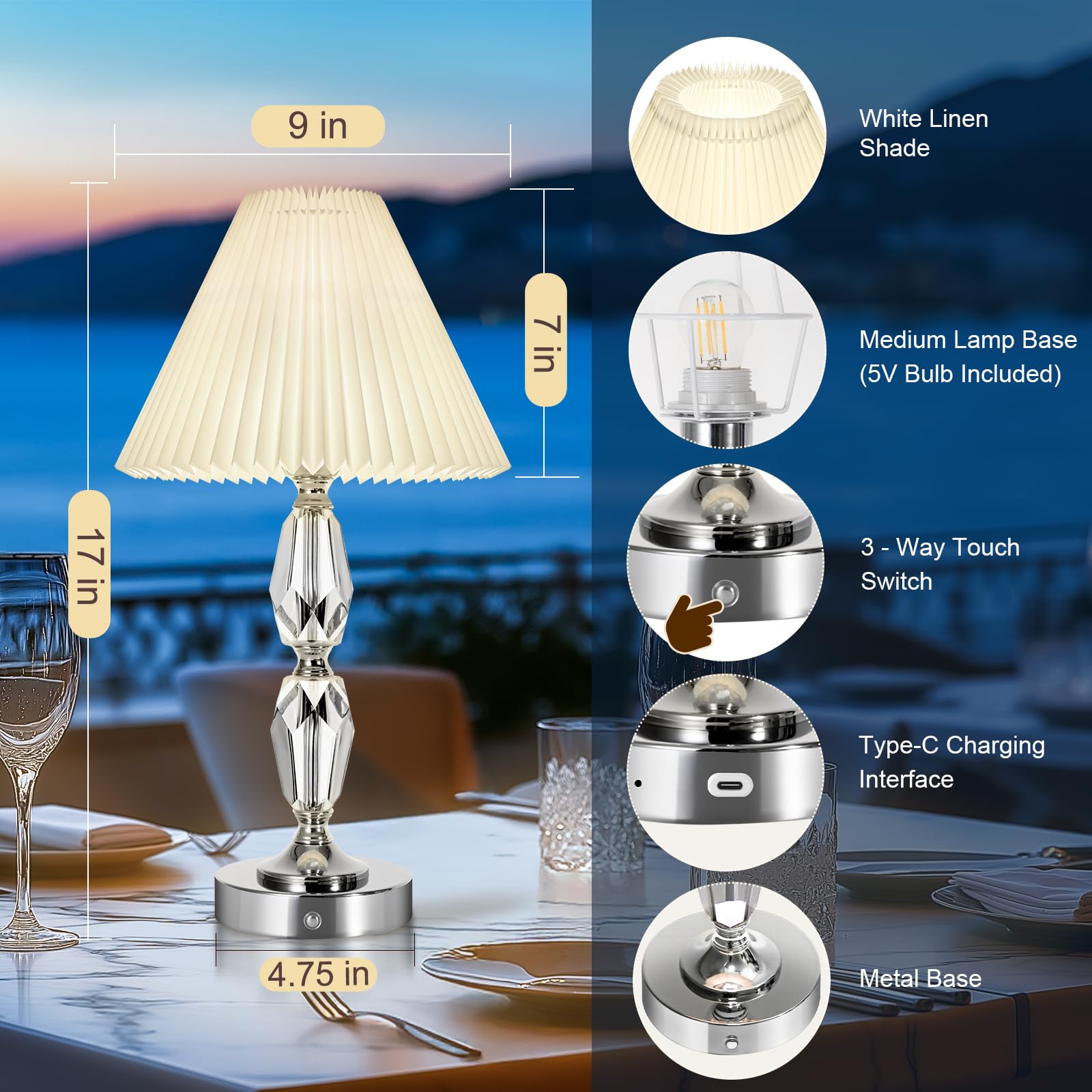 Rechargeable Table Lamp With Touch Dimmer,Acrylic Cordless Lamp With 4400Mah Battery Operated,3-Level Brightness,Pleated Linen F
