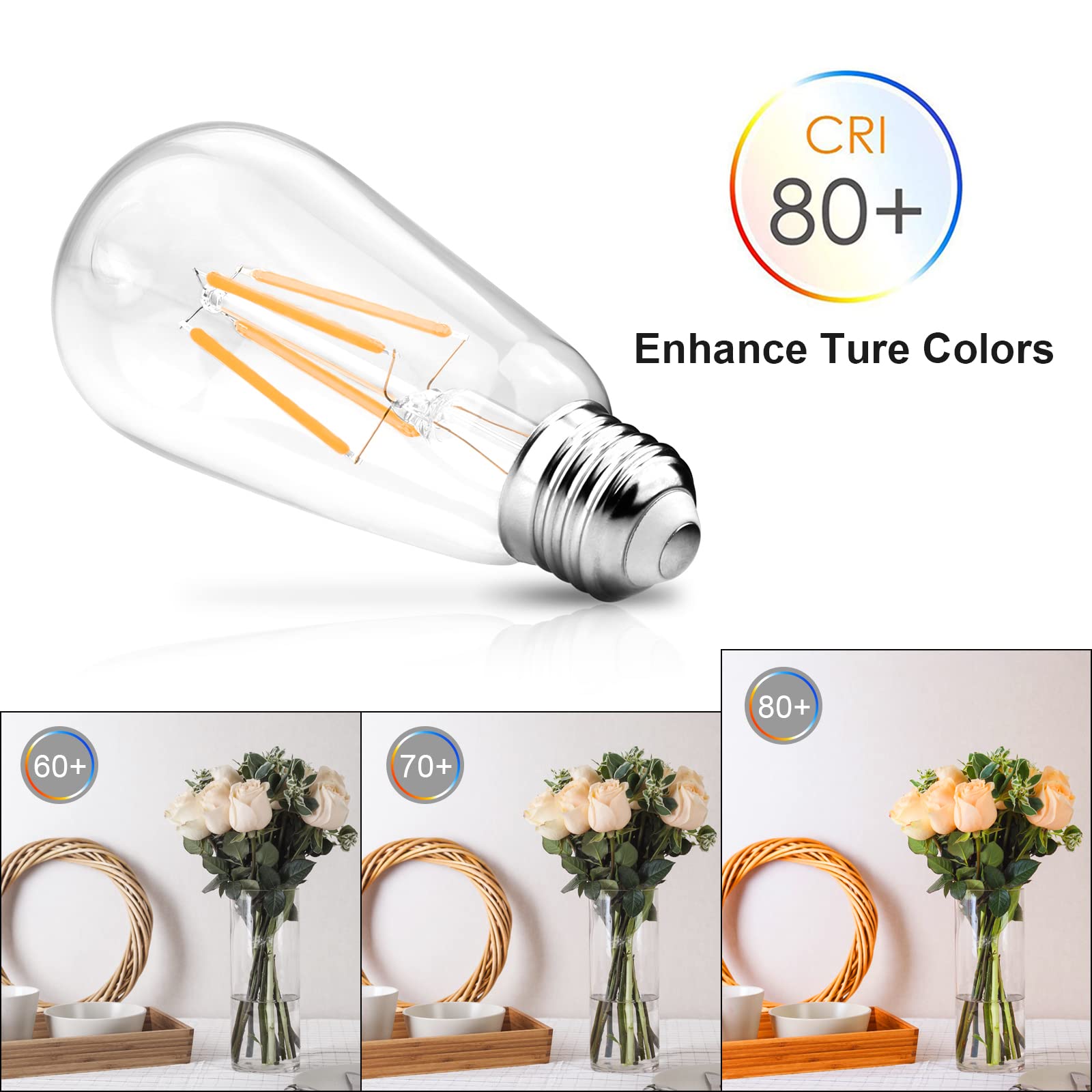 Ascher Vintage Led Edison Bulbs, 6W Equivalent, Warm White 2700K, Clear Glass, Pack Of 4, E26 Medium Base, Non-Dimmable
