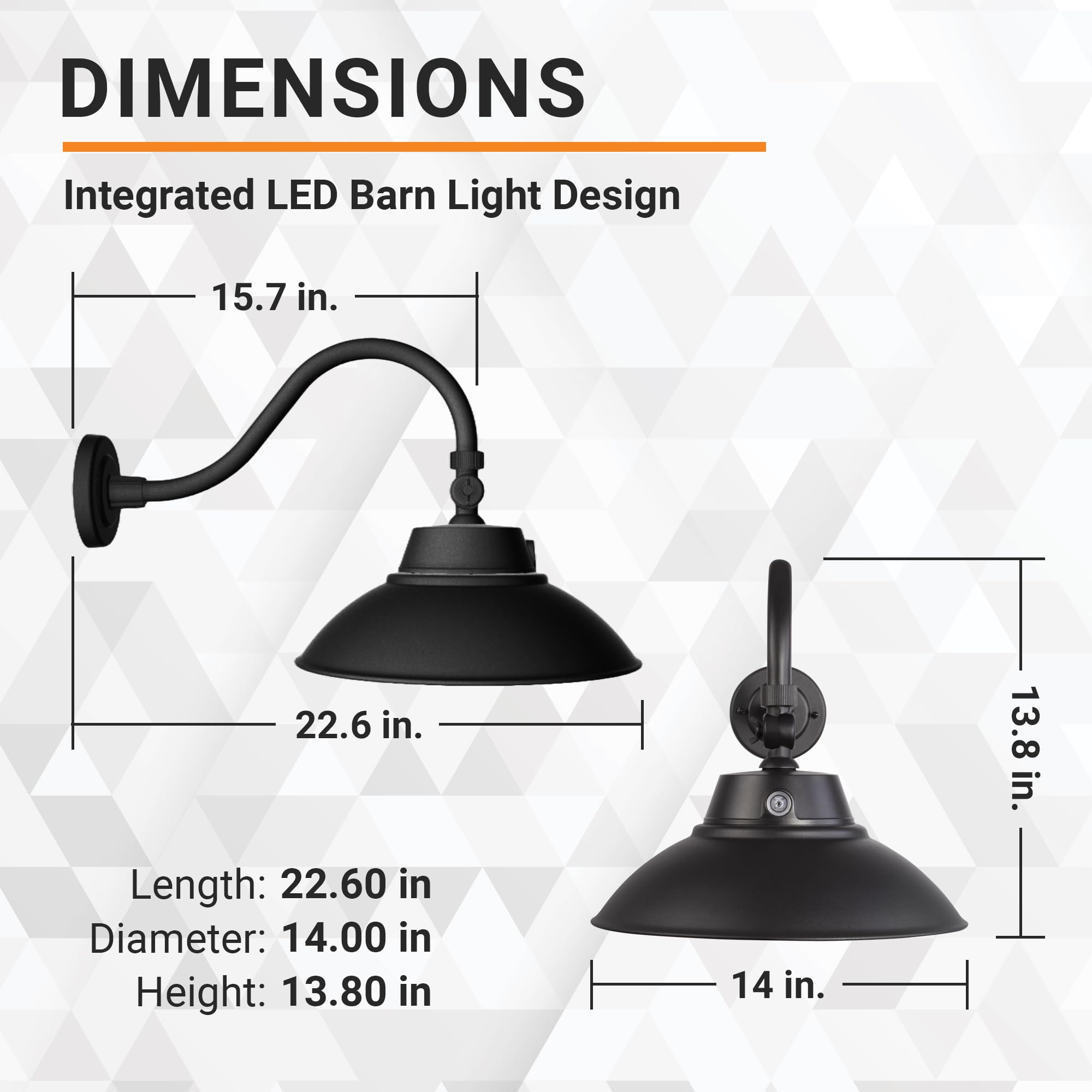 HTM LED Gooseneck Barn Light Fixture, 14in Diameter, Textured Black, Dusk to Dawn, 30K/40K/50K CCT Switching, Outdoor Lighting,