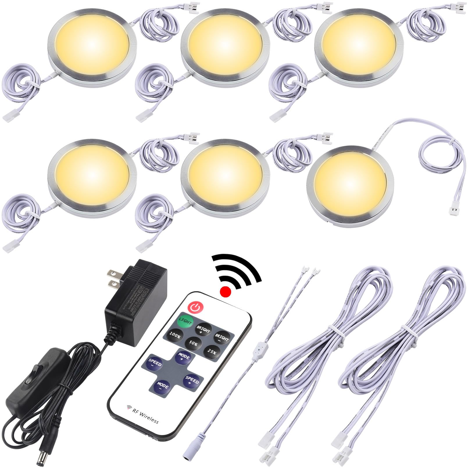 Lvyinyin LED Puck Lights Kit, Dimmable, 110V, Wireless Remote, Warm White 2700K, 6 Lights, Aluminum, Model 619960265604