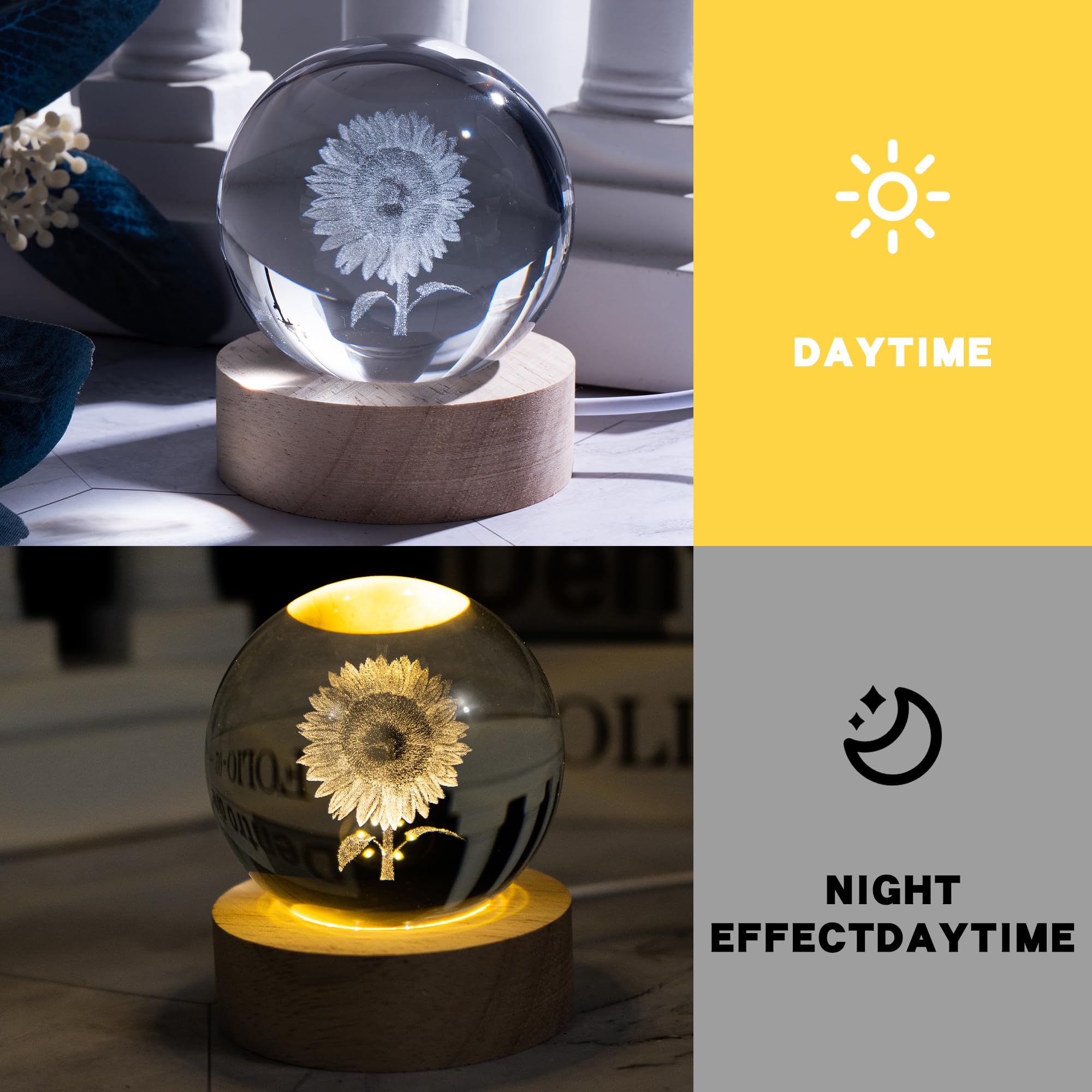 Qianchang 3D Laser Etched Sunflower Crystal Ball With Stand, 60Mm Glass Sphere Lamp Night Light, Sunflower Figurine Decor Glass