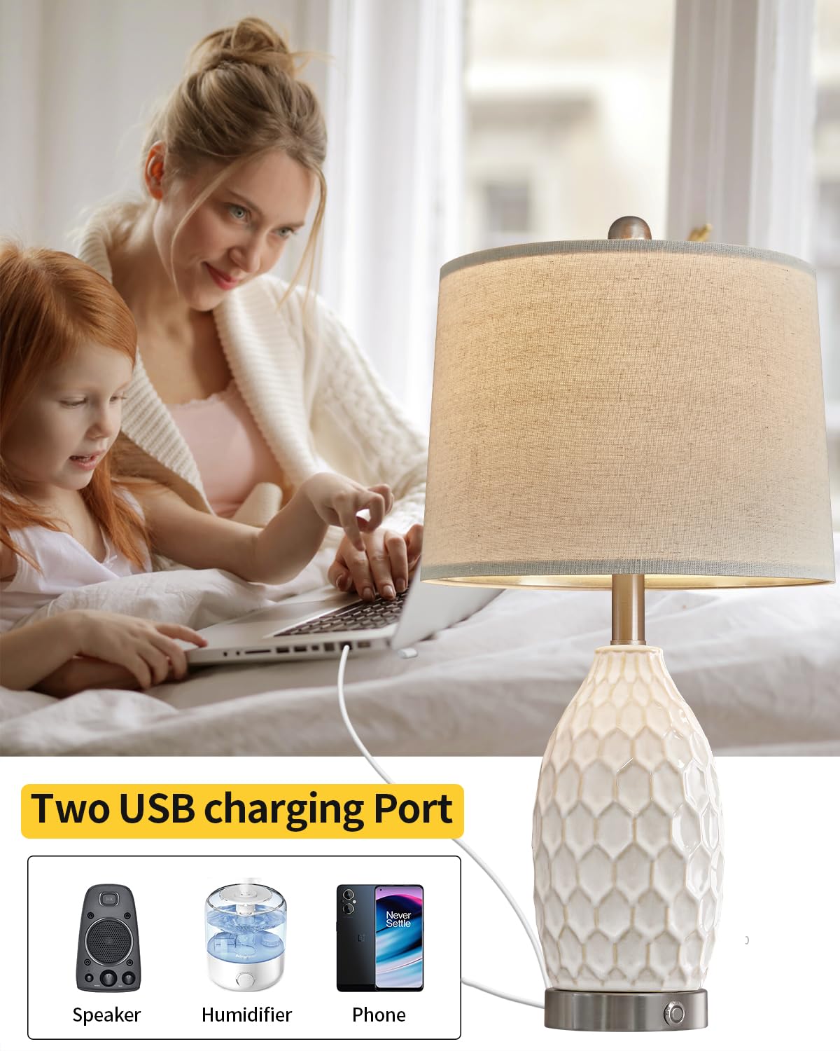 Usumkky Lamps For Bedrooms Set Of 2, 3-Way Dimmable Ceramic Bedside Lamp With Usb Ports For Nightstand, Farmhouse Desk End Table Lamps Buffet Modern Touch Light For Living Room Home, 2 Bulbs Included
