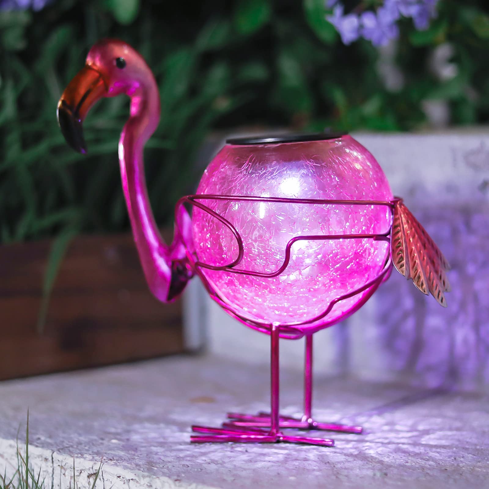 MUMTOP Solar Lantern Flamingo LED Tabletop Lamp, Waterproof, Pink Glass for Outdoor Patio Garden