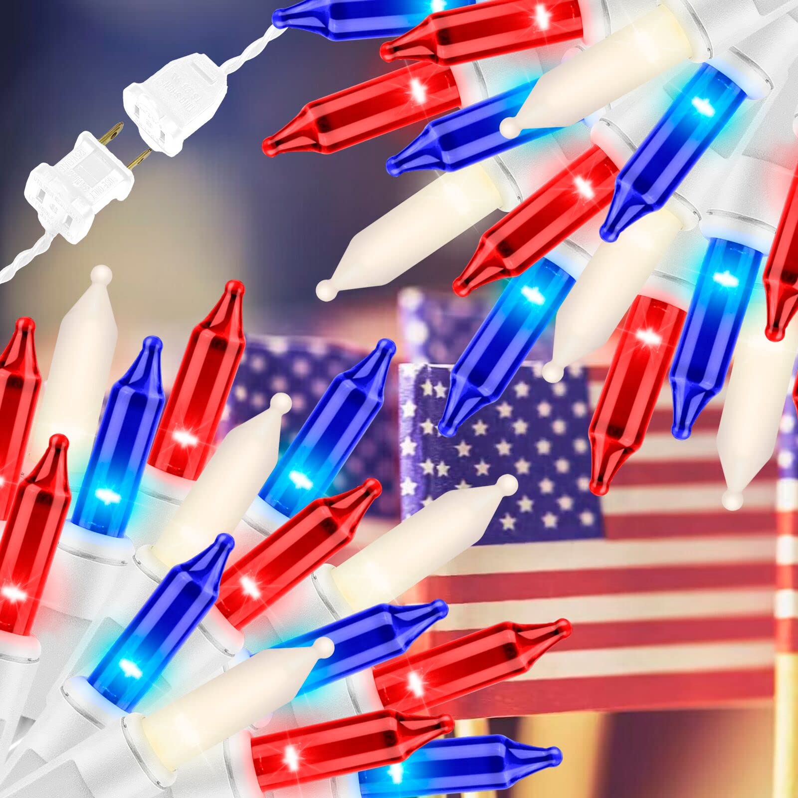 JUSTPRO 100LIGHTS RED White and Blue Extra-Bright with End Connectors 4th July Decoration Patriotic Mini String Lights 5.98m UL 