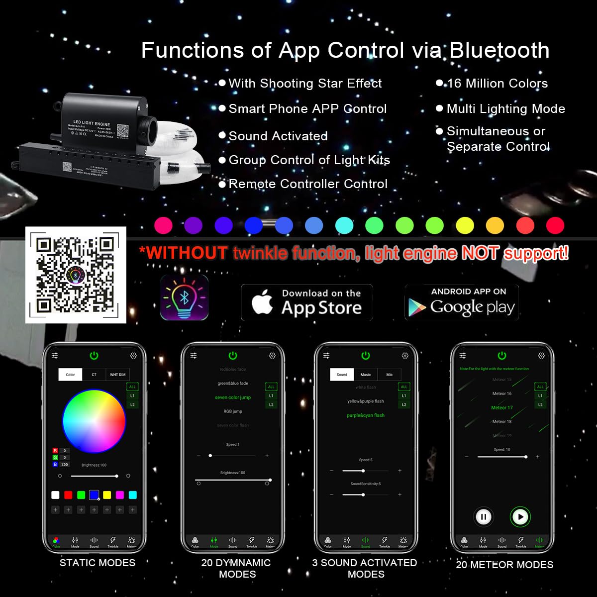 Akepo 16W Rgbw Fiber Optic Star Ceiling Light Kit With App & Music Control, 550Pcs 13.1Ft