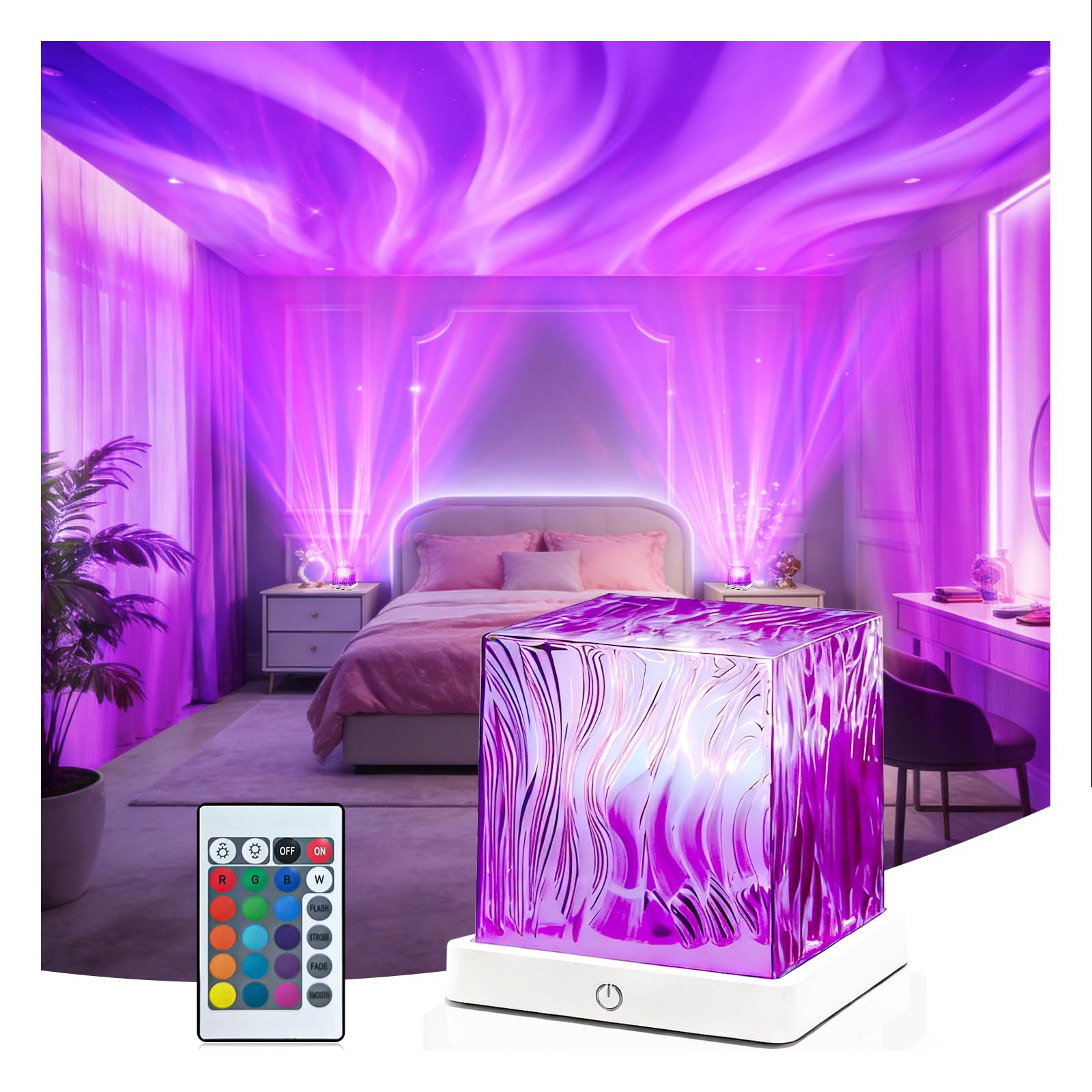 HUMIIEYE Northern Lights Projector, 1800mAh Battery Operated Aurora Night Light Cube, 16 Color, Remote Mood Lighting Galaxy Proj