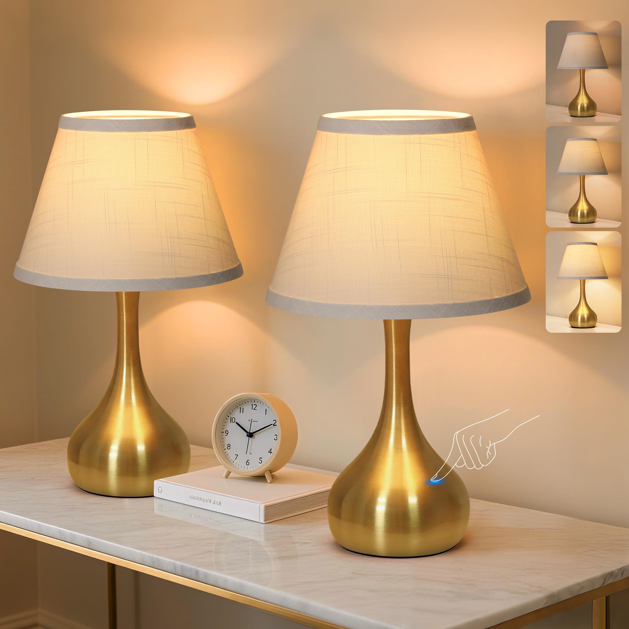 17  Touch Table Lamp for Bedroom Set of 2  3-Way Dimmable Bedside Lamp for Nightstand  Modern Metal Desk Lamp with Linen Shade for Living Room  Kids Reading  Dorm  Home Office Decor  Bulb Included