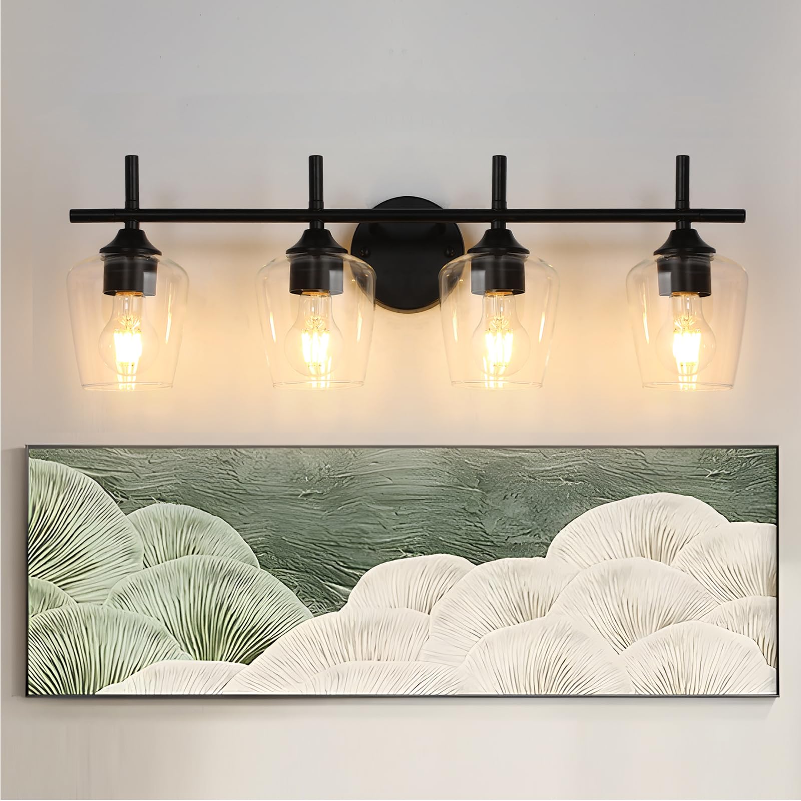 Foucasal Black Bathroom Light Fixtures - 4-Light Vanity Light With Clear Glass Shade, Industrial Matte Wall Lights For Bedroom H