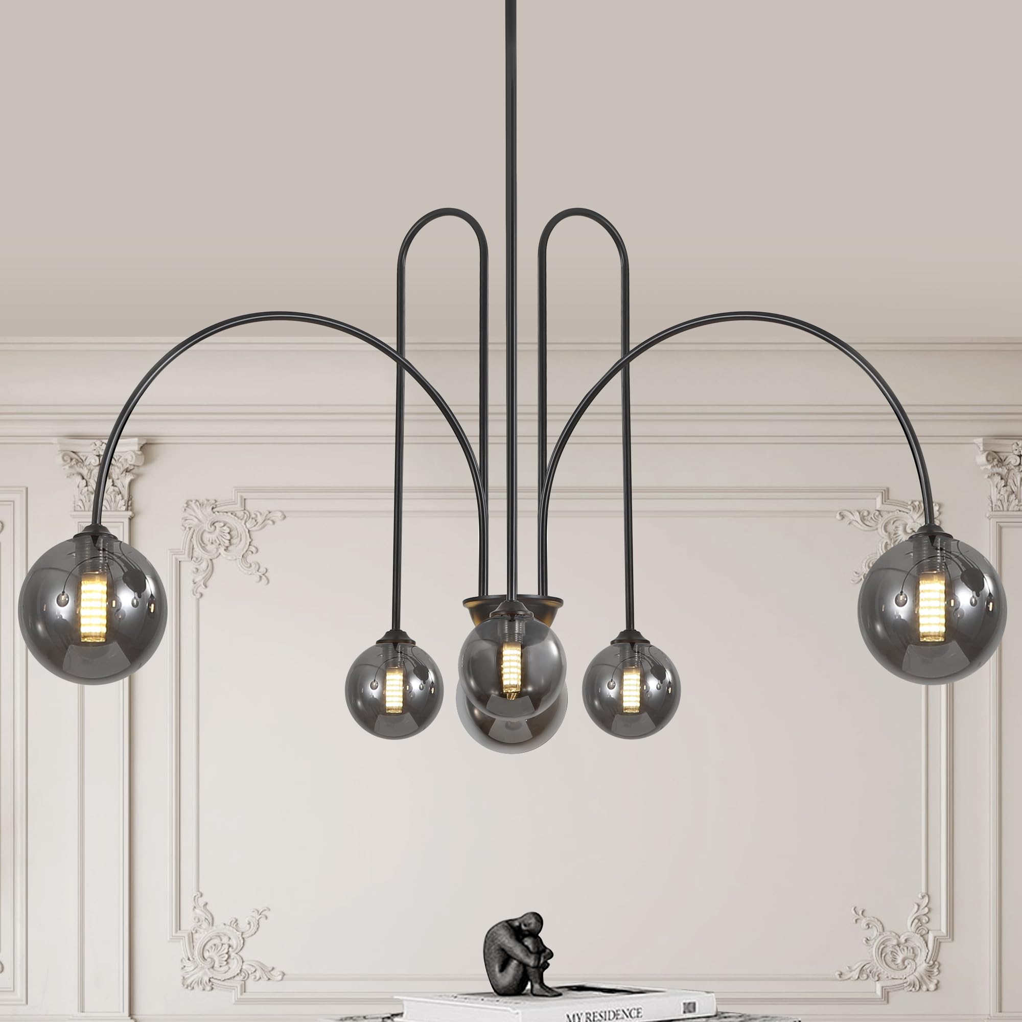 Black Sputnik Chandelier,6 Lights Mid Century Chandelier for Dining Room Light Fixtures Over Table Large, Large L49    Ceiling P