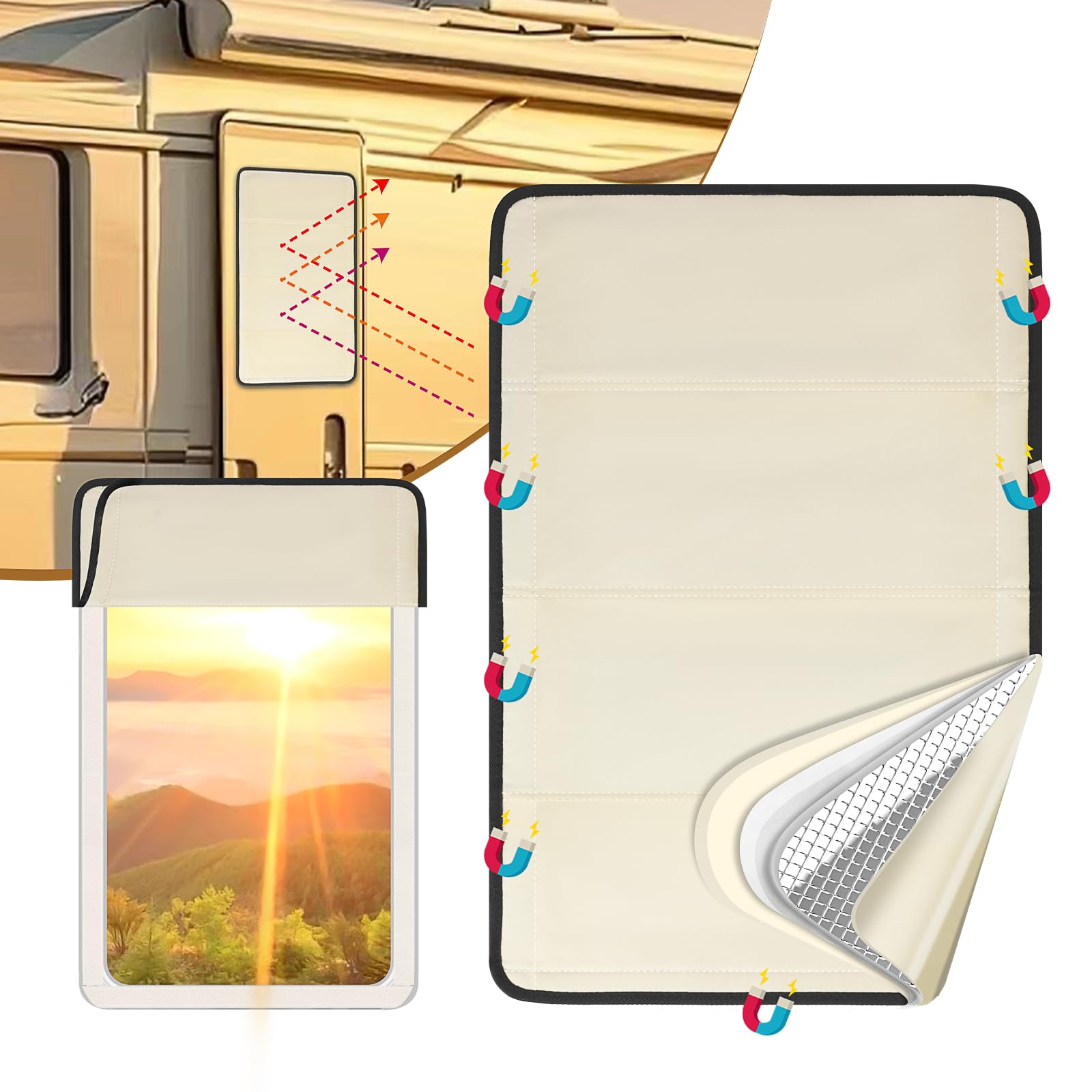 SUNICO RV Door Window Shade, 100% Blackout, Magnetic, 25in H x 16in W, Beige, Anti-UV Aluminum Foil Reflective, Waterproof Fabric