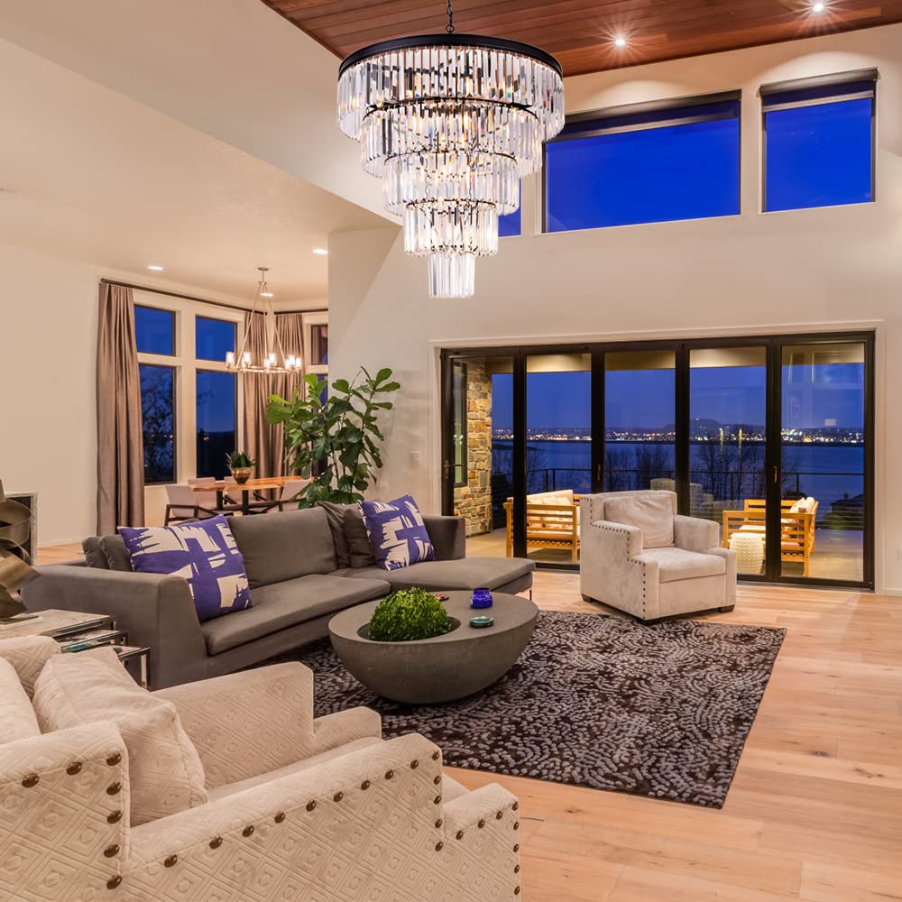 Tochic Large Crystal Chandelier For High Ceiling, 40 Inch 7-Tier Modern Black Crystal Chandeliers Lighting Fixture, Round Light