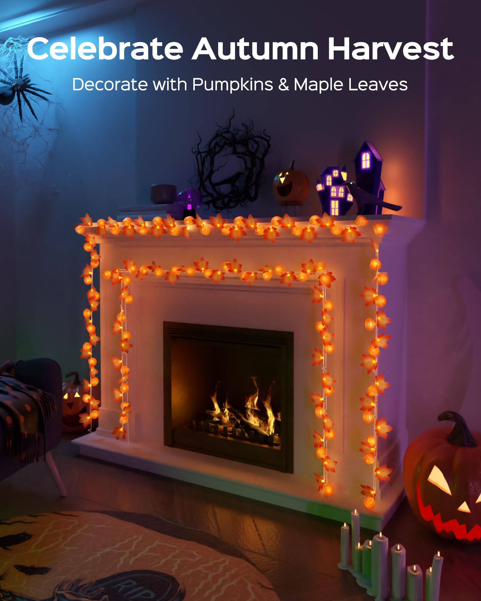 JACKYLED Christmas Decorations String Lights 30-LED Pumpkin Maple Leaf Decor Lights 15 FT 8 Modes with Remote Control and Timer