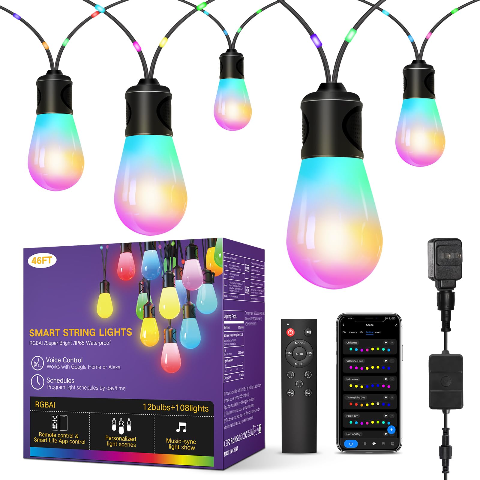 OUTON Outdoor String Lights, 46FT RGBAI Smart Festoon Lights Outdoor, Waterproof IP65, Remote & APP Control, Works with Alexa, G