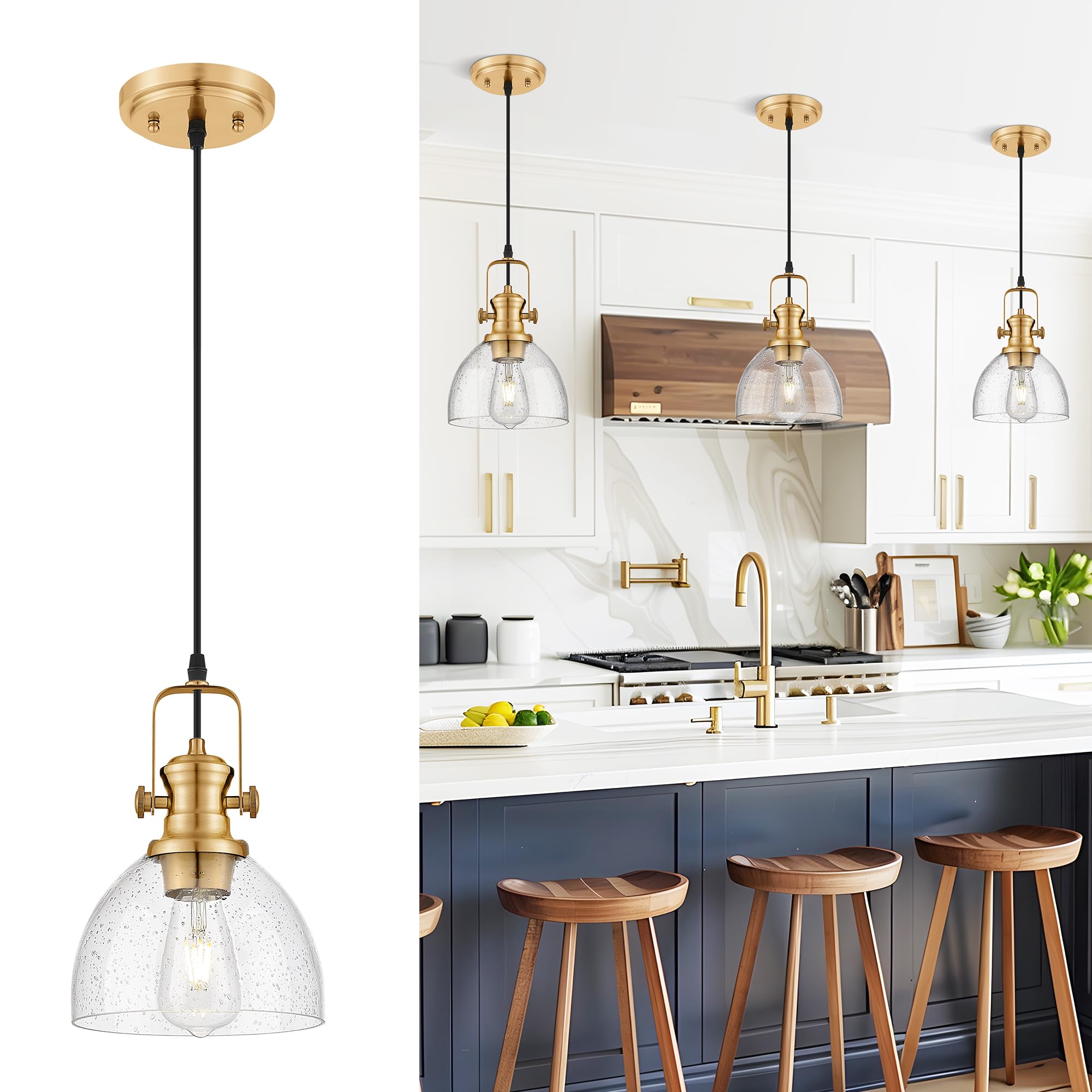 Audickic Pendant Lights Kitchen Island, 7.5" Farmhouse Pendant Lighting With Clear Seeded Glass Shade, Vintage Hanging Light Fixtures For Dining Room, Brushed Gold, Ad-22151-1P-Gd