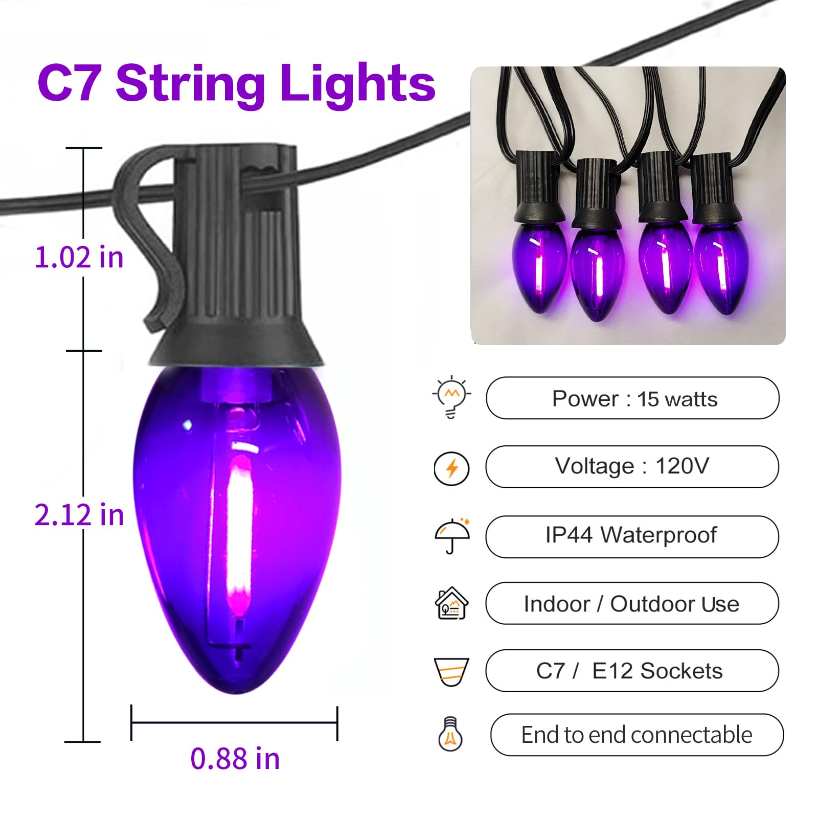 Chyparty 25Ft C7 Purple Halloween Lights Outdoor Indoor  Led String Lights With 25 Shatterproof Bulbs For Patio  Yard  Fence  Christmas Tree  Holiday D?Cor