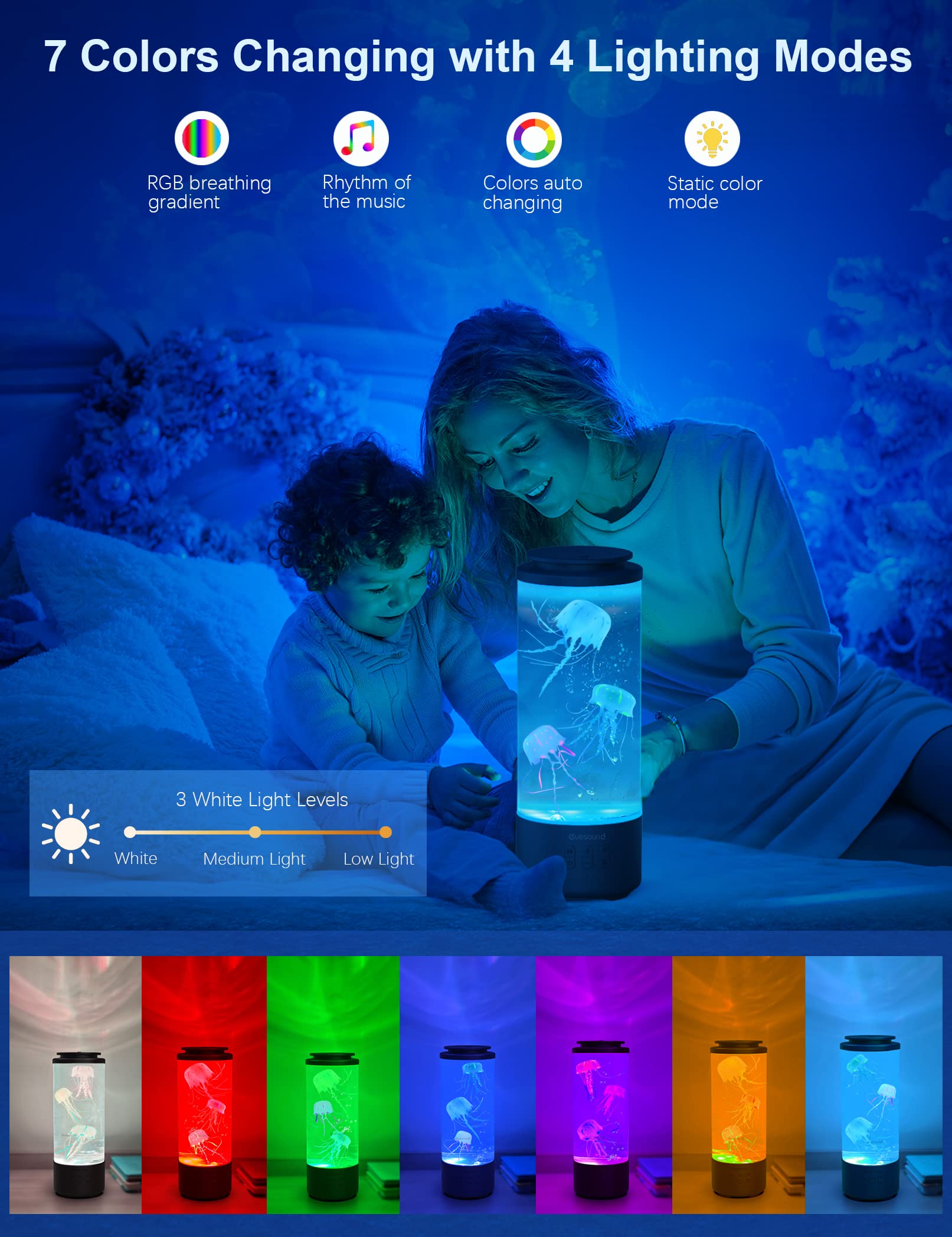 Eyesound Jellyfish Lamp Bluetooth Speaker, 12" Borosilicate Glass, 7 Color Modes, Mood Light for Home & Office, Black Jellyfish Model Y15