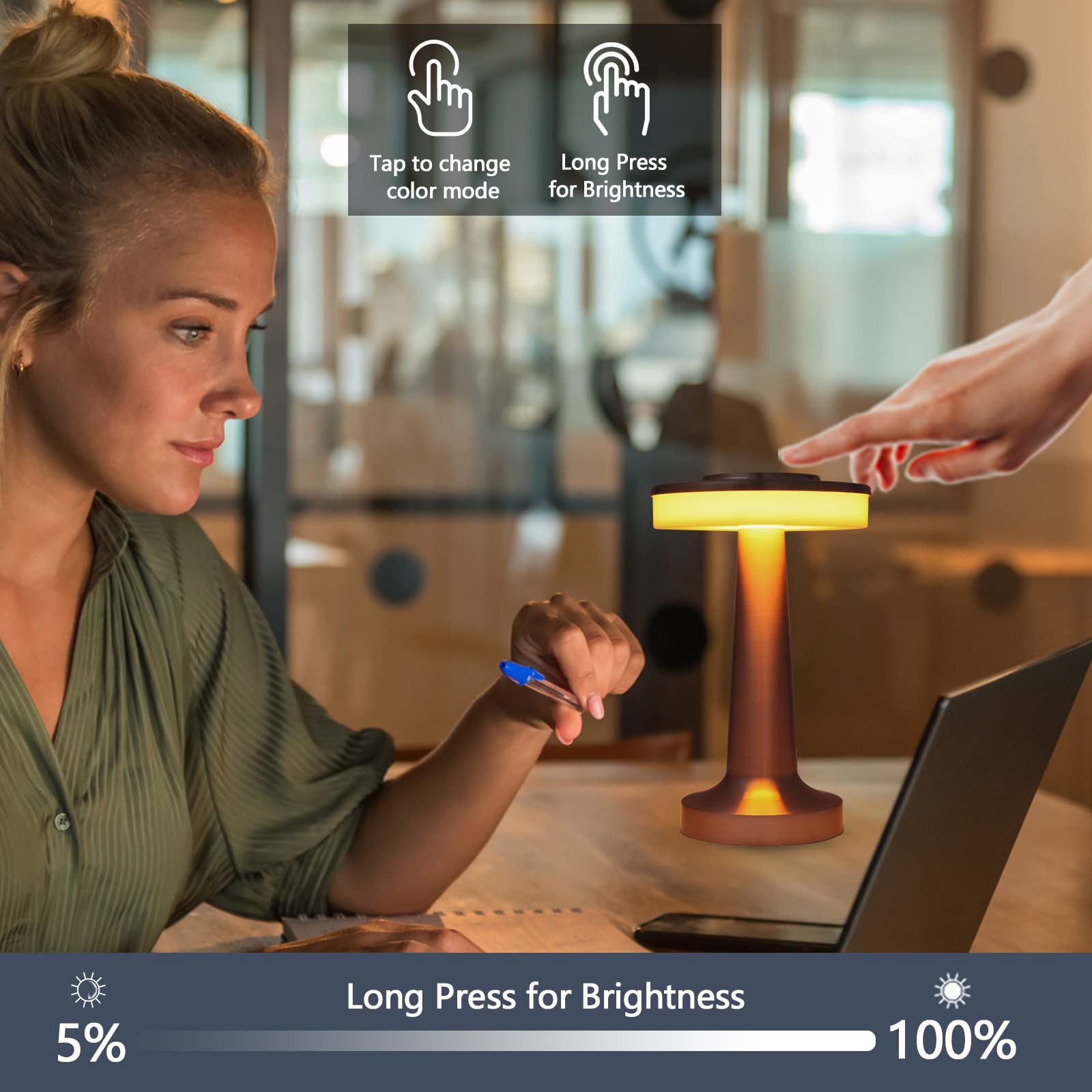 Sunligtgo 3-Way Dimmable Touch Bedside Lamps, Gold 2 Pack, Battery Powered, Glass Shade