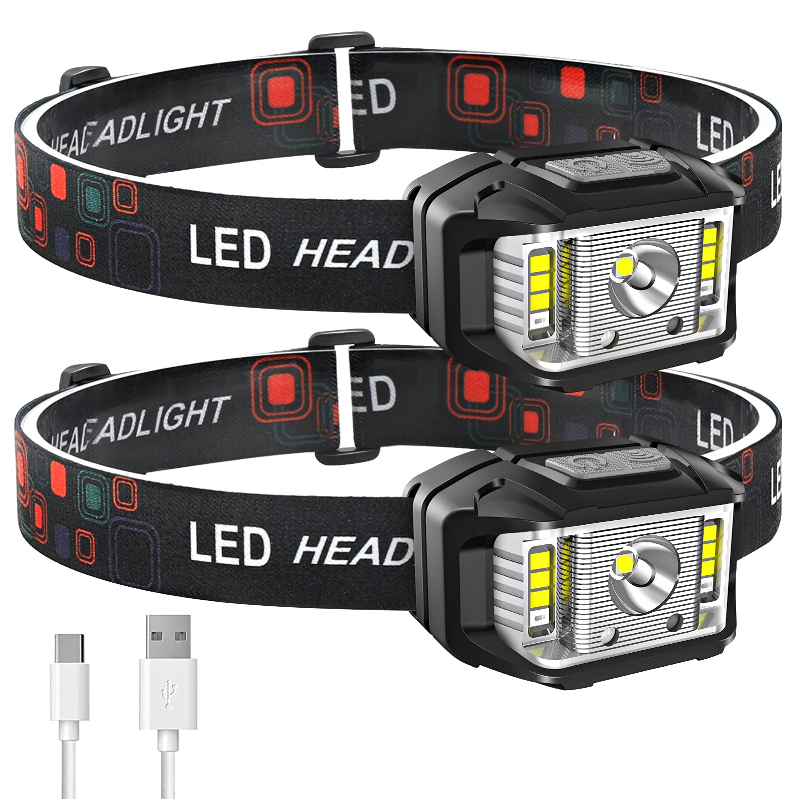 Headlamp Rechargeable, Jndfofc High Lumen Super Bright Motion Sensor Led Head Lamp Flashlight, 2 Pack Waterproof Headlight With 
